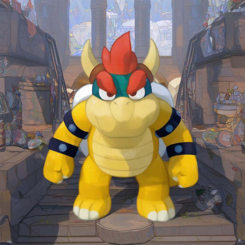 A bluey style yellow Bowser in the castle, 2d