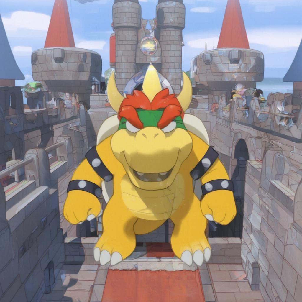 A bluey style yellow Bowser in the castle, 2d