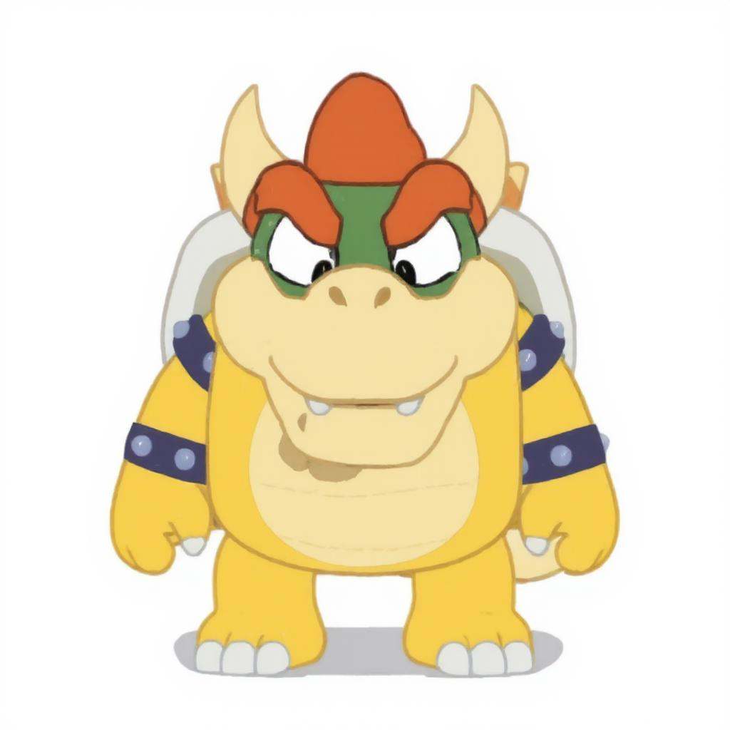 yellow Bowser with green face in Bluey style, square cartoon body