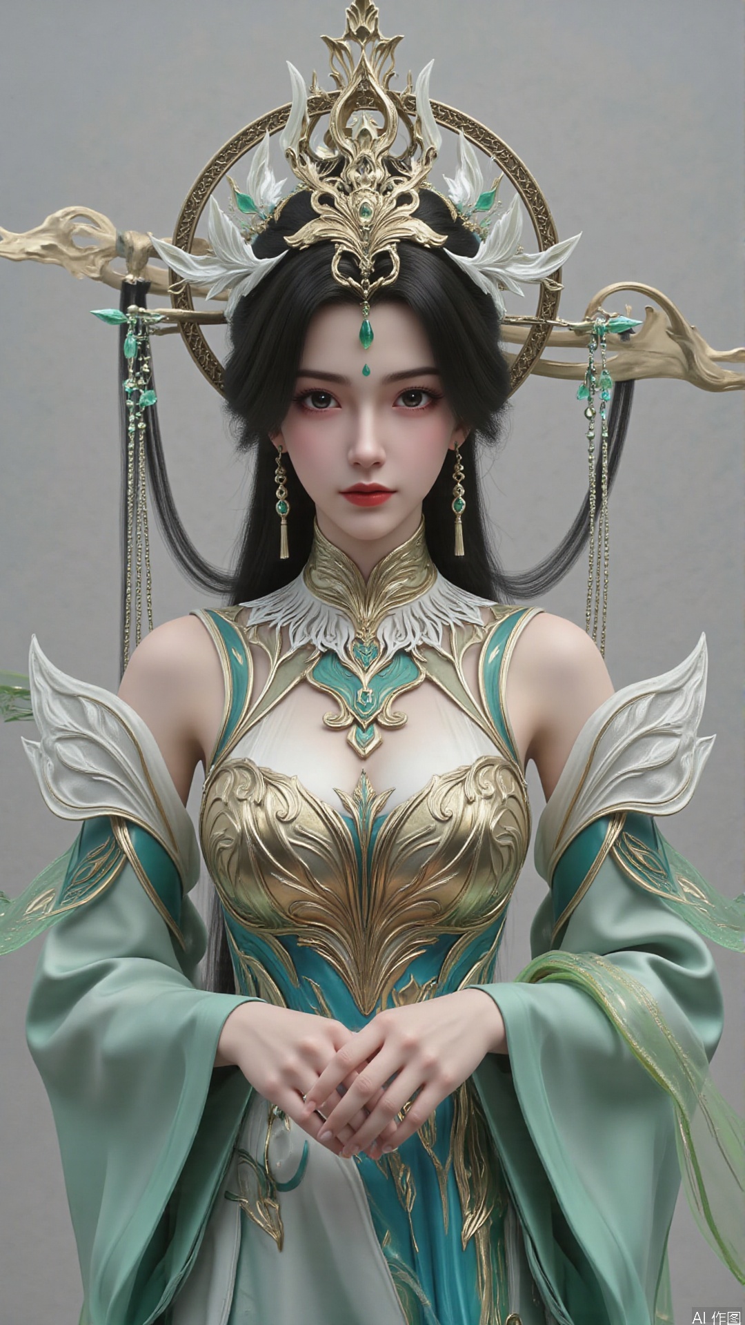 masterpiece,best quality,1girl, black hair, solo, dress, long hair, green dress, full body, jewelry, earrings, forehead mark, facial mark, hair ornament, looking at viewer, chinese clothes, hair rings, hagoromo, cowboy shot, dynamic pose, dynamic angle,