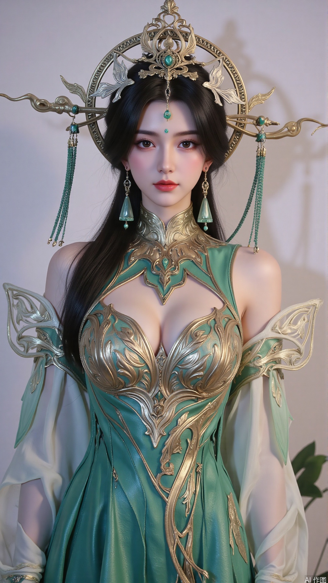 masterpiece,best quality,1girl, black hair, solo, dress, long hair, green dress, jewelry, earrings, forehead mark, facial mark, hair ornament, looking at viewer, chinese clothes, hair rings, hagoromo, cowboy shot