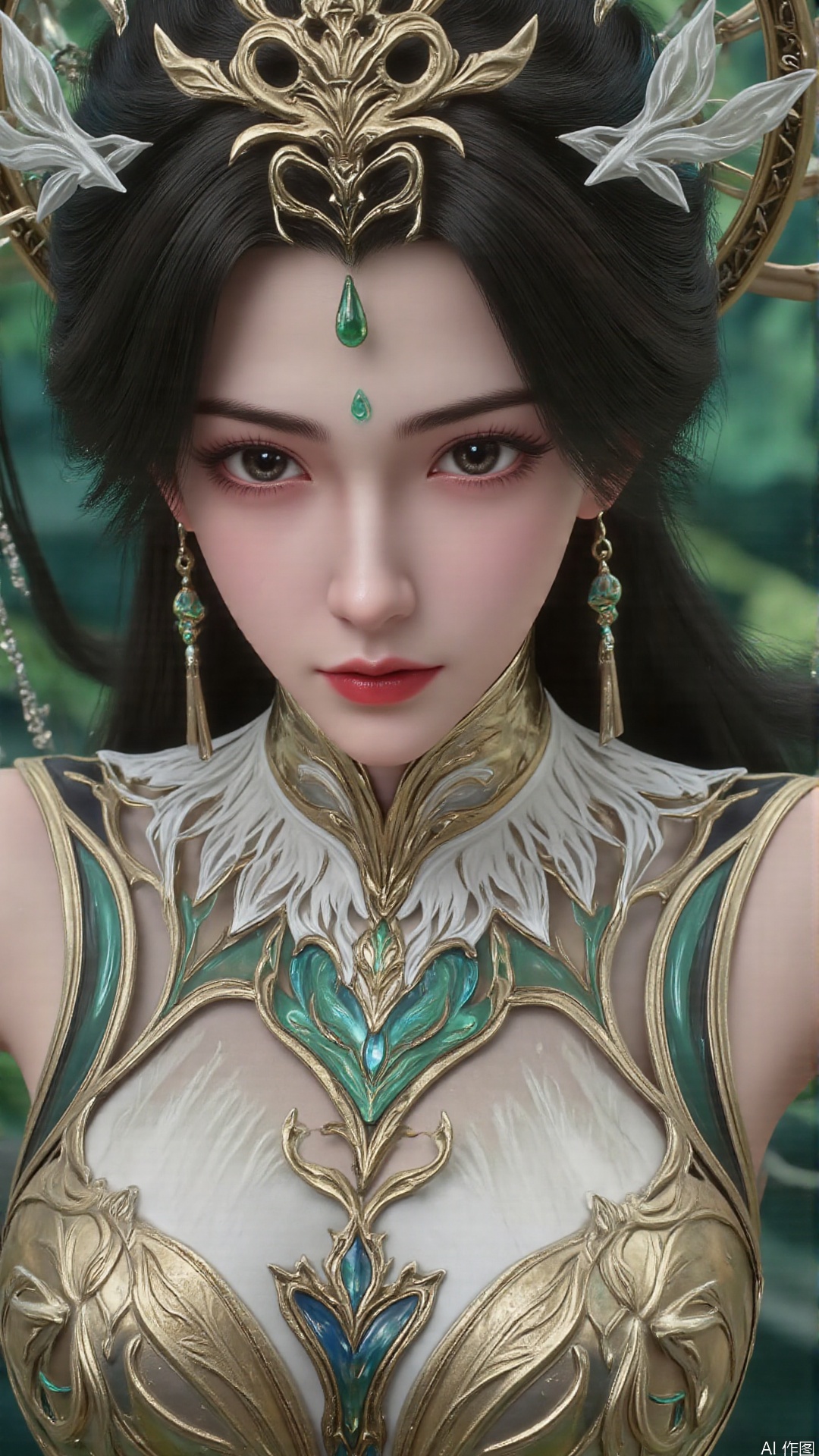 masterpiece,best quality,1girl, black hair, solo, dress, long hair, jewelry, earrings, forehead mark, facial mark, hair ornament, looking at viewer, chinese clothes, hair rings, hagoromo, cowboy shot