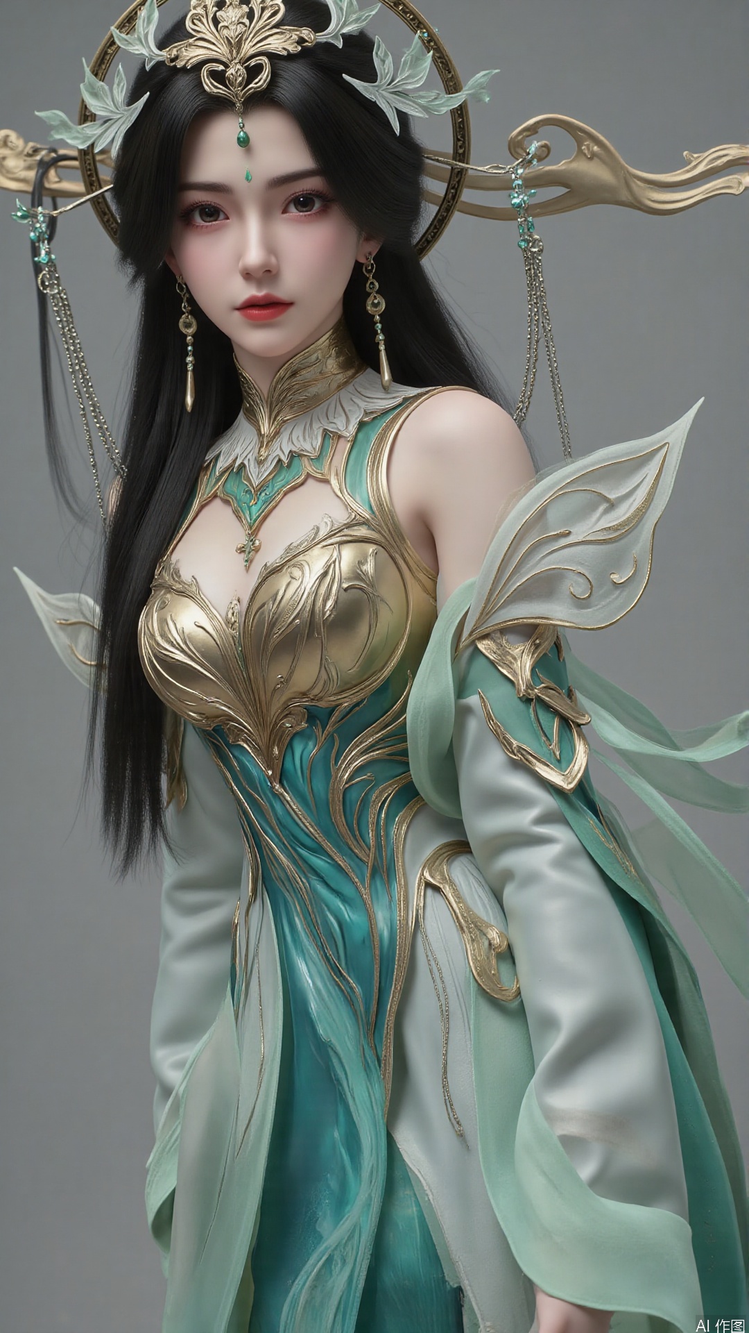 masterpiece,best quality,1girl, black hair, solo, dress, long hair, green dress, jewelry, earrings, forehead mark, facial mark, hair ornament, looking at viewer, chinese clothes, hair rings, hagoromo, cowboy shot