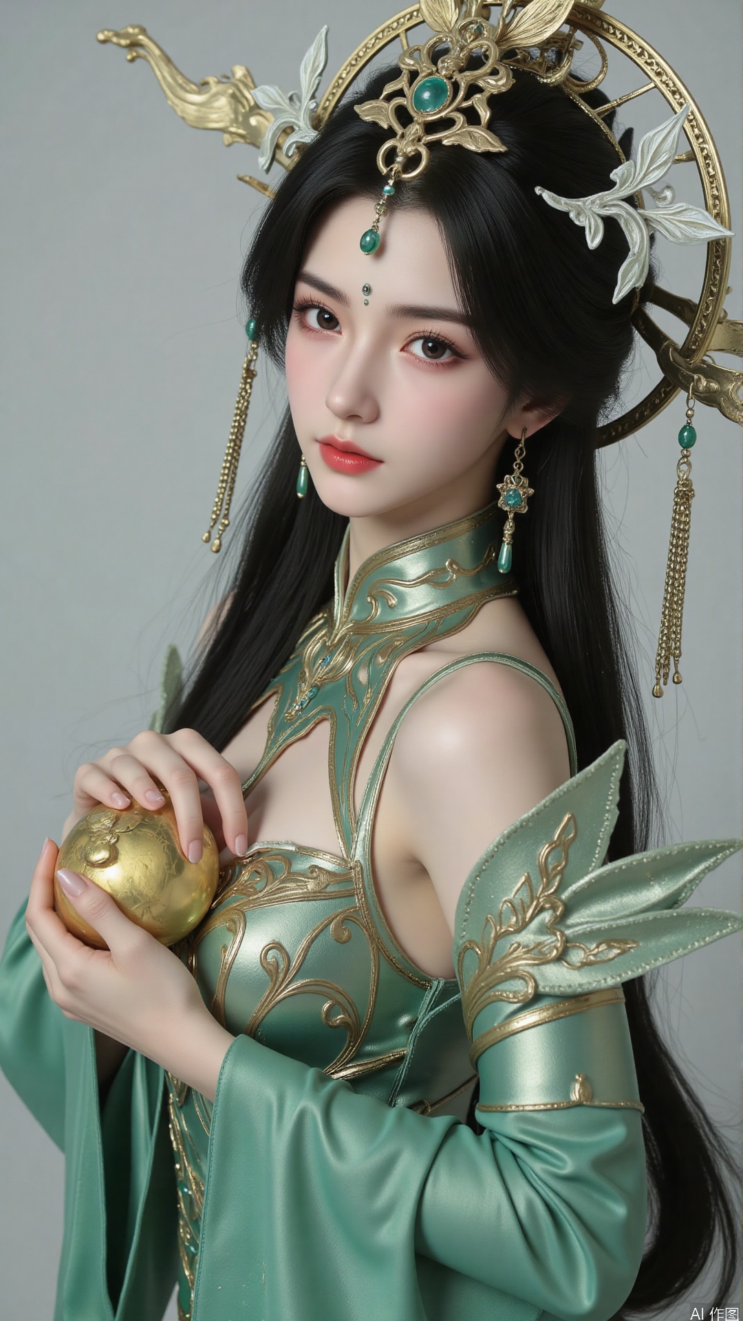 masterpiece,best quality,1girl, black hair, solo, dress, long hair, green dress, jewelry, earrings, forehead mark, facial mark, hair ornament, looking at viewer, chinese clothes, hair rings, hagoromo, cowboy shot