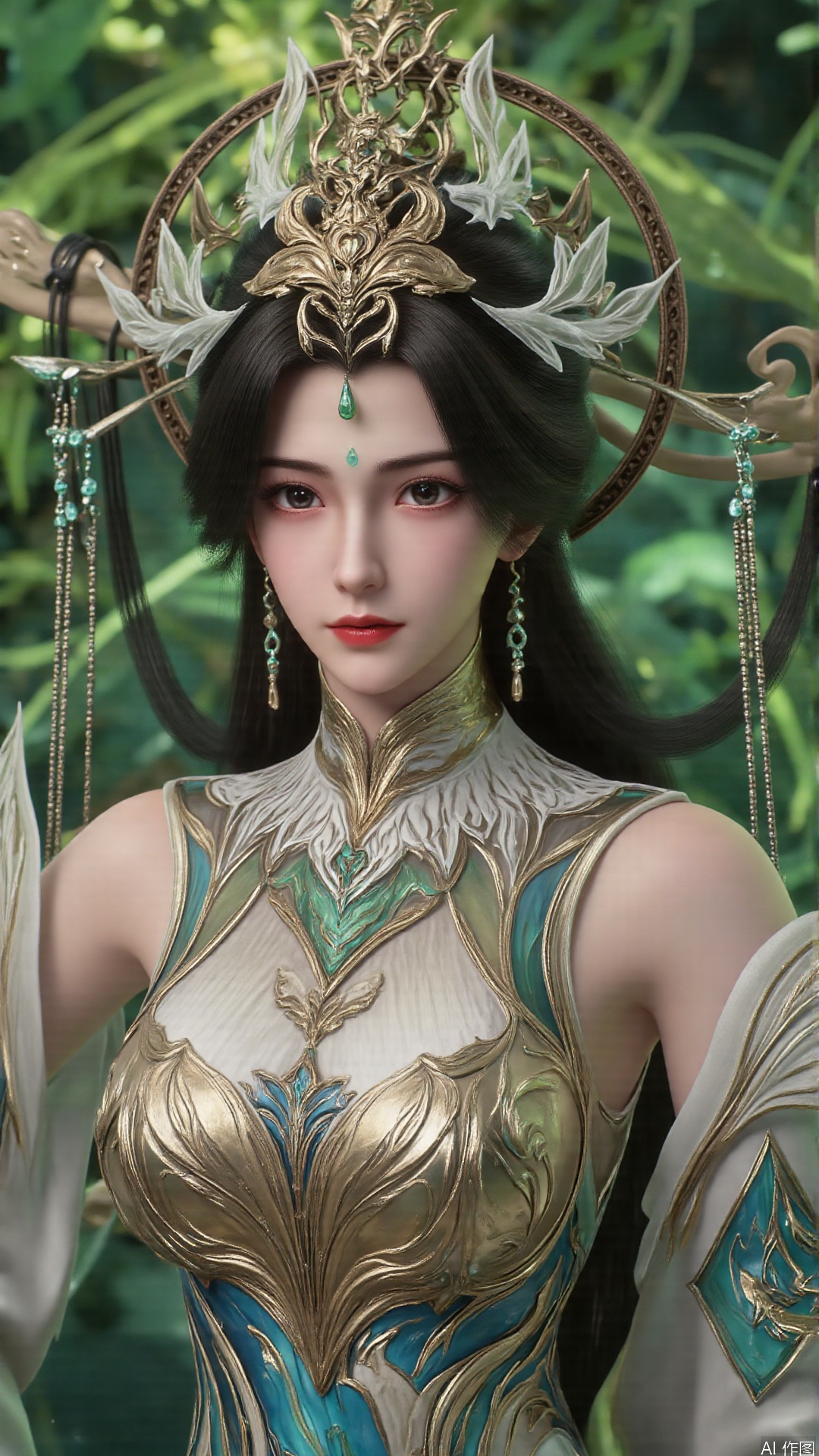 masterpiece,best quality,1girl, black hair, solo, dress, long hair, jewelry, earrings, forehead mark, facial mark, hair ornament, looking at viewer, chinese clothes, hair rings, hagoromo, cowboy shot