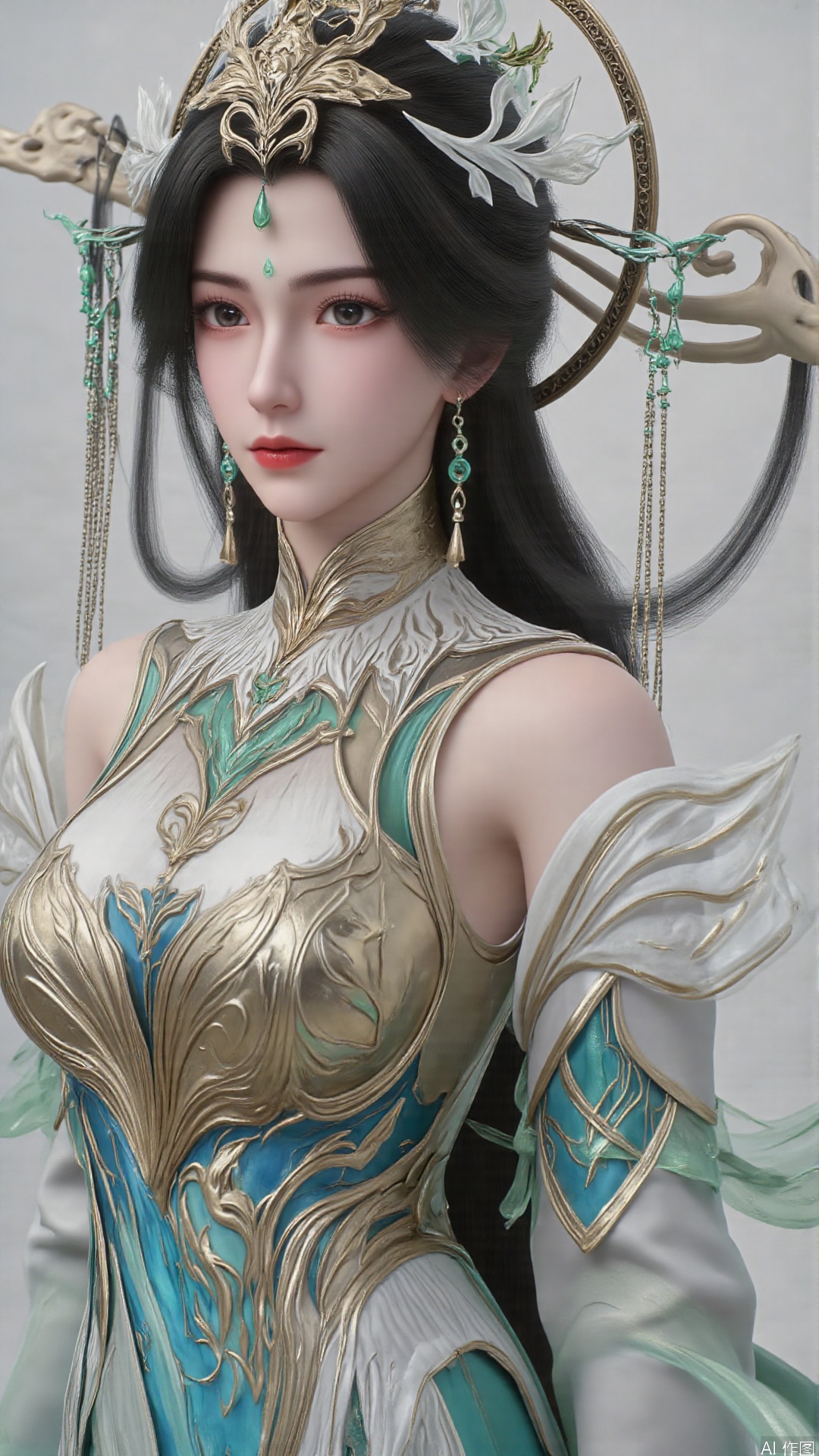 masterpiece,best quality,1girl, black hair, solo, dress, long hair, green dress, jewelry, earrings, forehead mark, facial mark, hair ornament, looking at viewer, chinese clothes, hair rings, hagoromo, cowboy shot