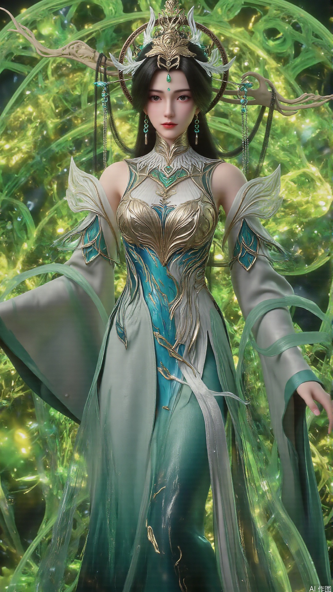 masterpiece,best quality,1girl, black hair, solo, dress, long hair, green dress, full body, jewelry, earrings, forehead mark, facial mark, hair ornament, looking at viewer, chinese clothes, hair rings, hagoromo, cowboy shot, dynamic pose, dynamic angle,