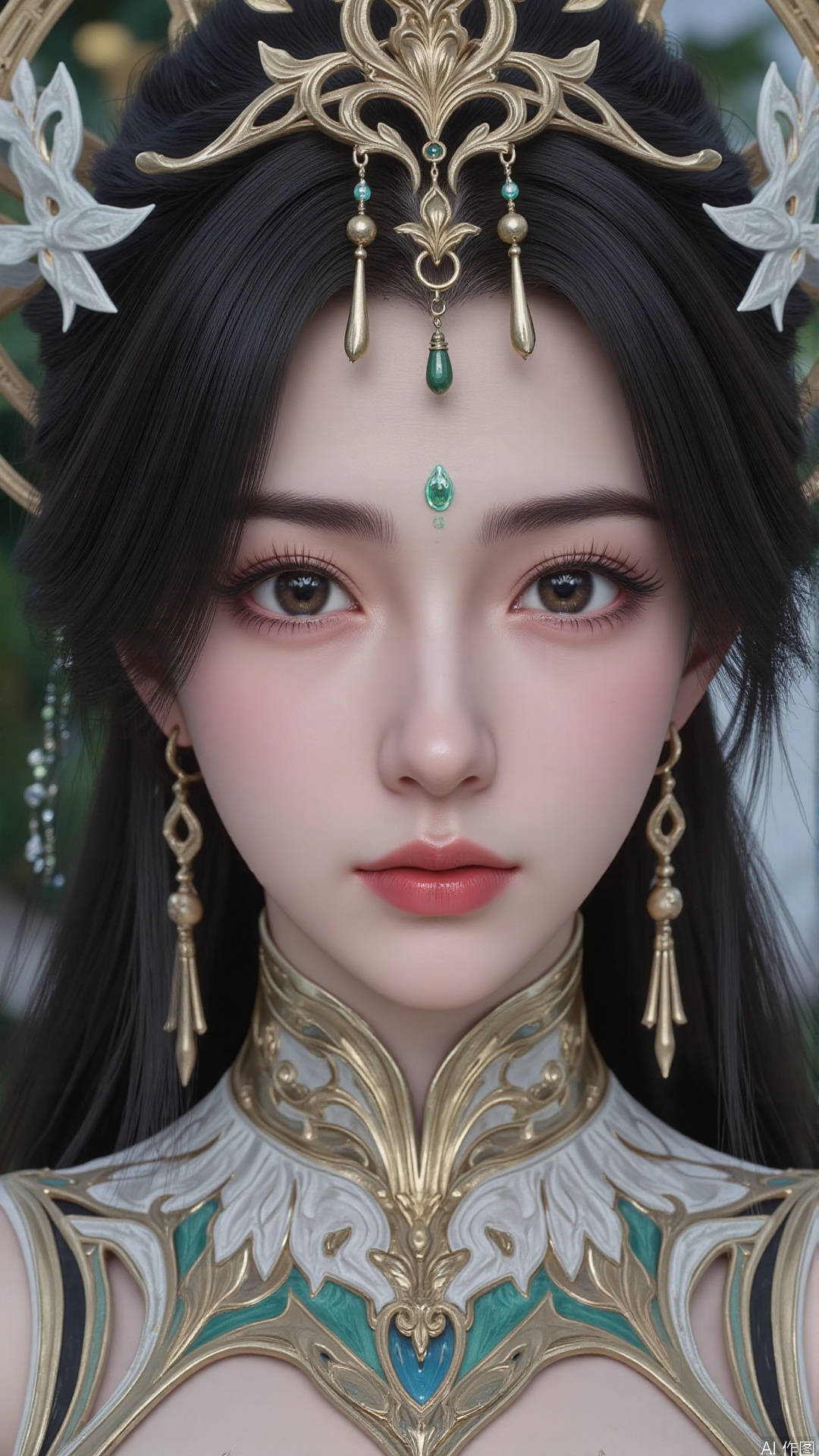 masterpiece,best quality,1girl, black hair, solo, dress, long hair, jewelry, earrings, forehead mark, facial mark, hair ornament, looking at viewer, chinese clothes, hair rings, cowboy shot