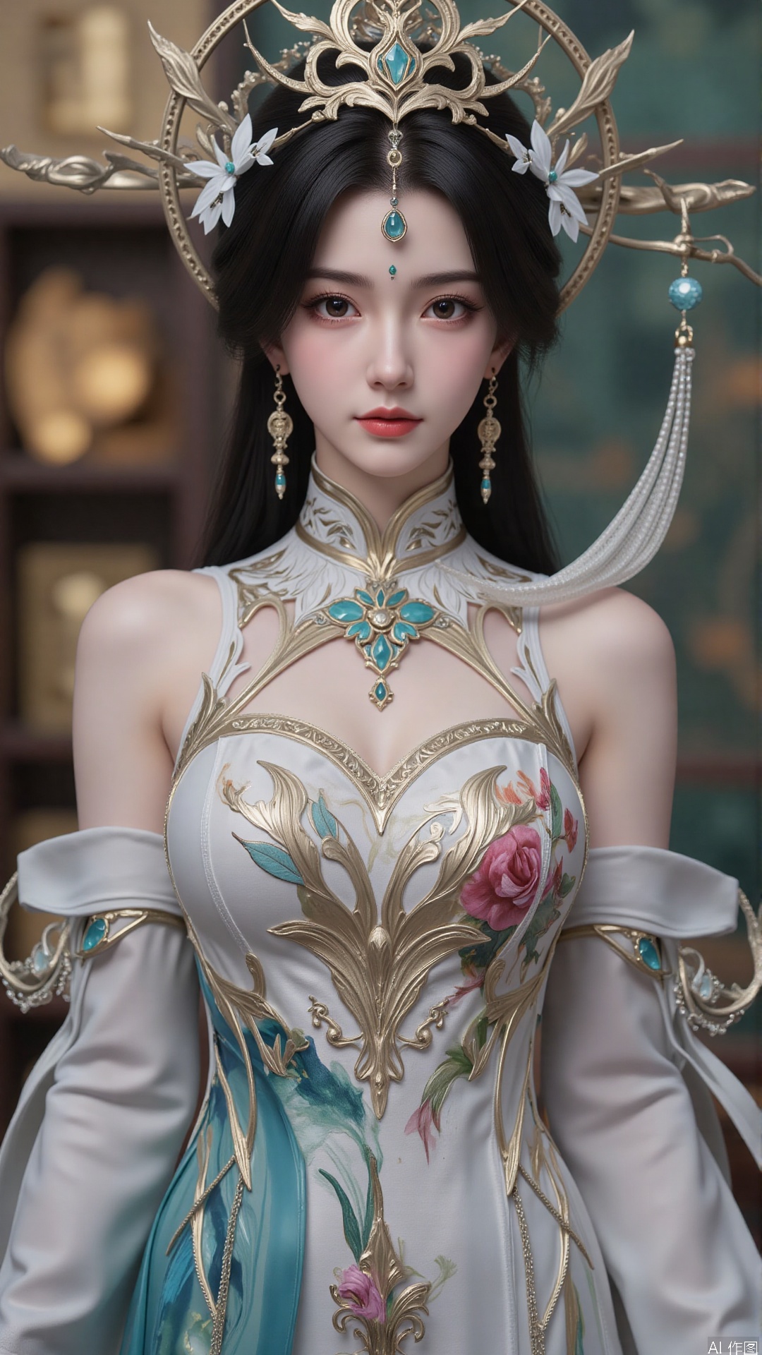 masterpiece,best quality,1girl, black hair, solo, dress, long hair, jewelry, earrings, forehead mark, facial mark, hair ornament, looking at viewer, chinese clothes, hair rings, hagoromo, cowboy shot