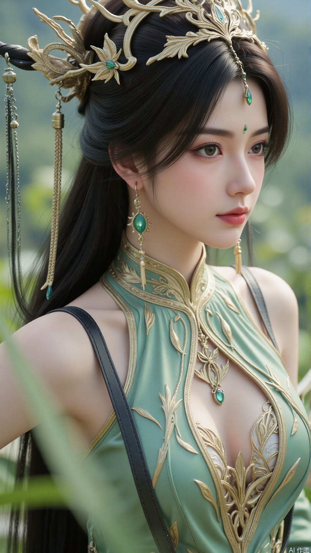 masterpiece,best quality,1girl, black hair, solo, dress, long hair, green dress, jewelry, earrings, forehead mark, facial mark, hair ornament, looking at viewer, chinese clothes, hair rings, hagoromo, cowboy shot
