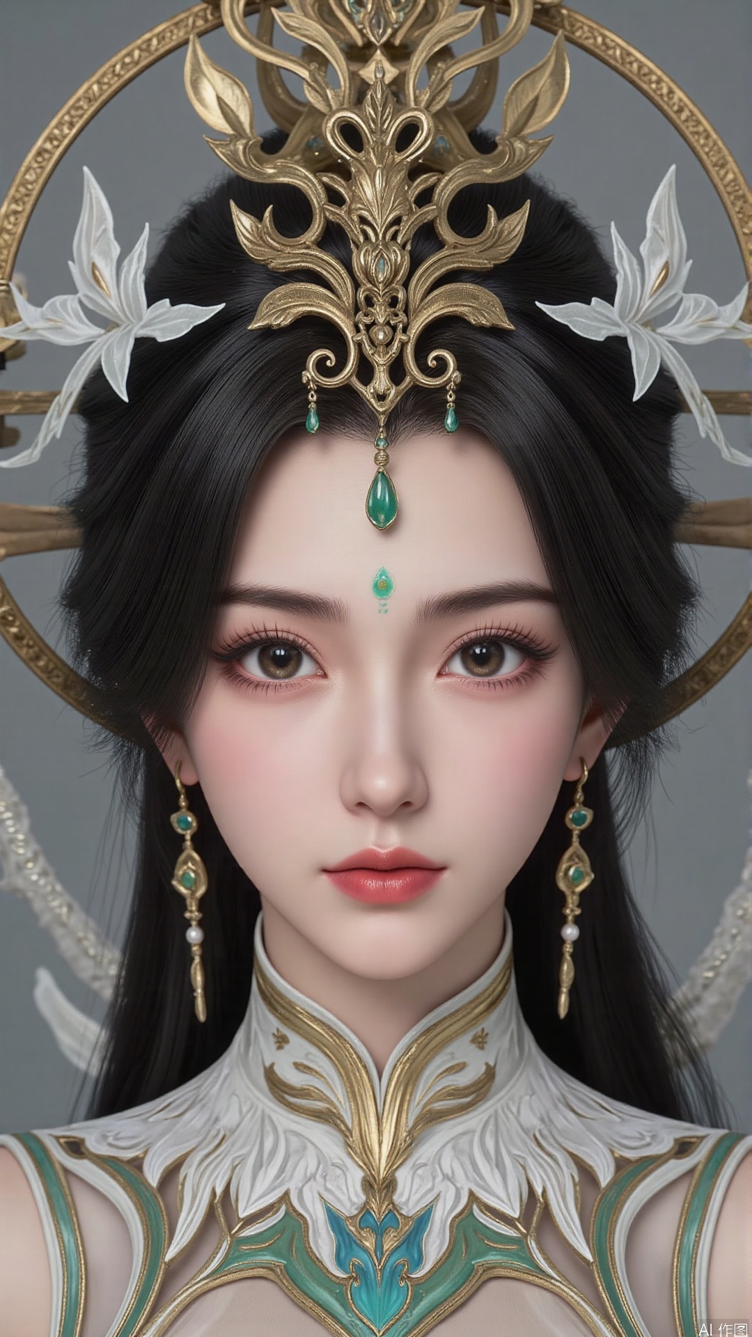 masterpiece,best quality,1girl, black hair, solo, dress, long hair, jewelry, earrings, forehead mark, facial mark, hair ornament, looking at viewer, chinese clothes, hair rings, cowboy shot