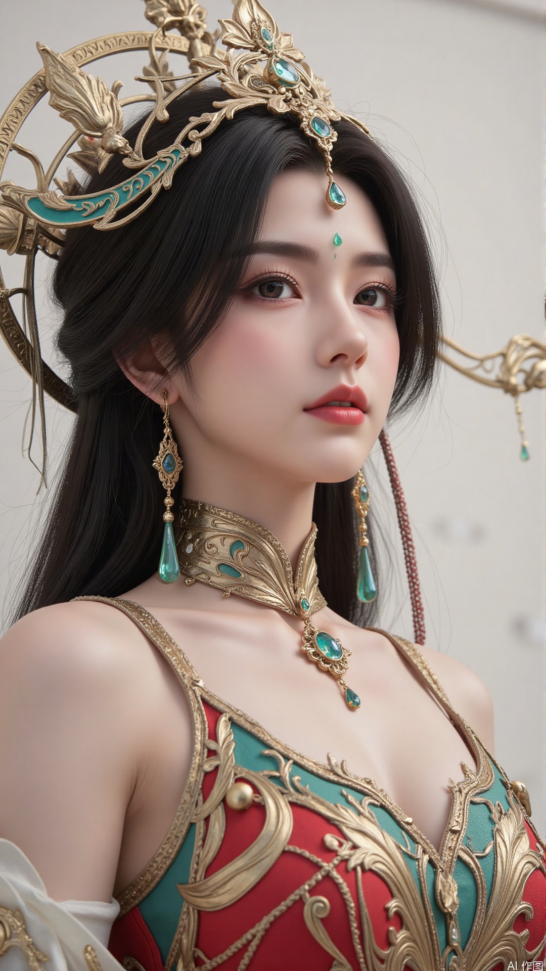 masterpiece,best quality,1girl, black hair, solo, dress, long hair, jewelry, earrings, forehead mark, facial mark, hair ornament, looking at viewer, chinese clothes, hair rings, hagoromo, cowboy shot