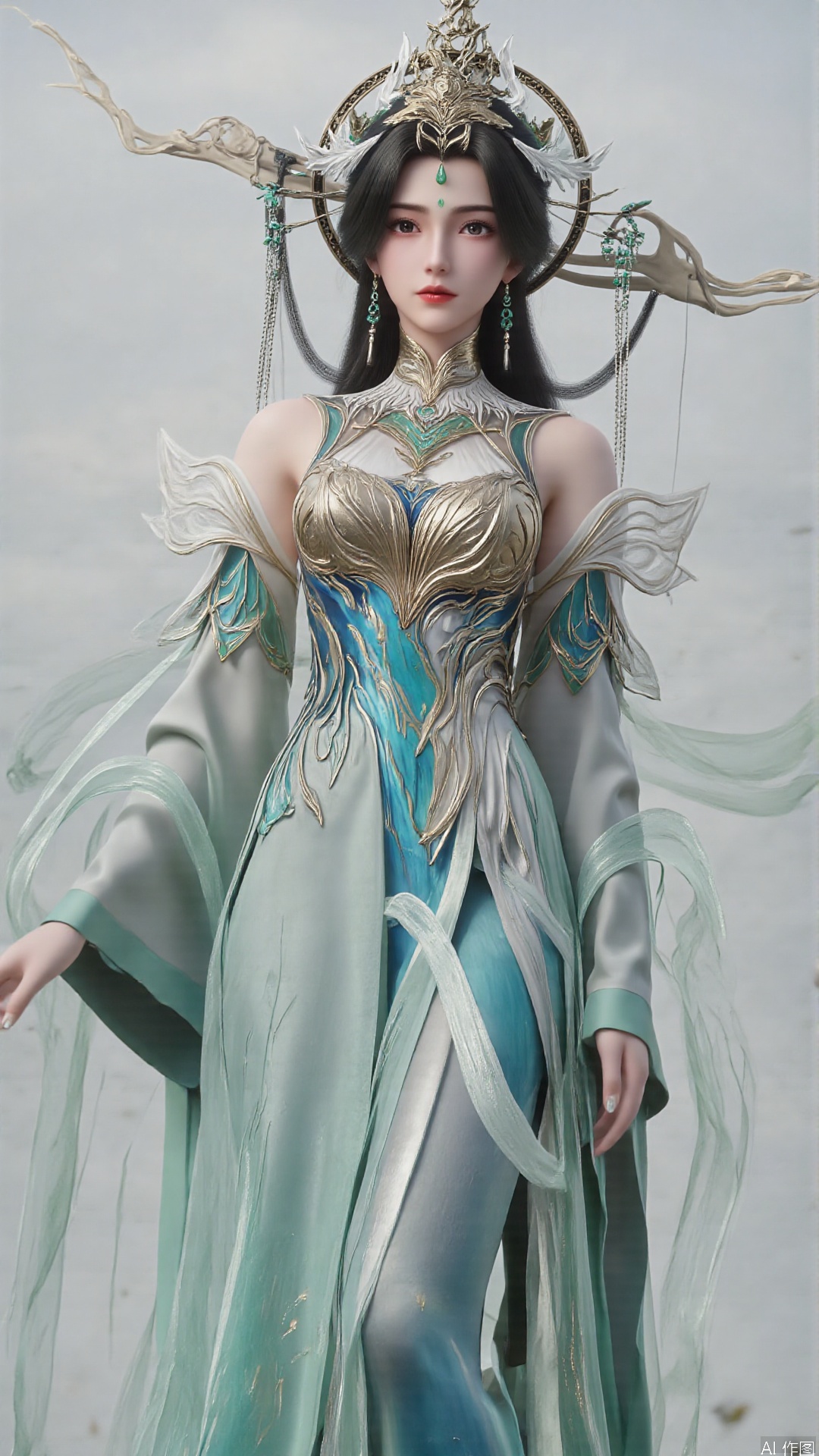 masterpiece,best quality,1girl, black hair, solo, dress, long hair, green dress, full body, jewelry, earrings, forehead mark, facial mark, hair ornament, looking at viewer, chinese clothes, hair rings, hagoromo, cowboy shot, dynamic pose, dynamic angle,