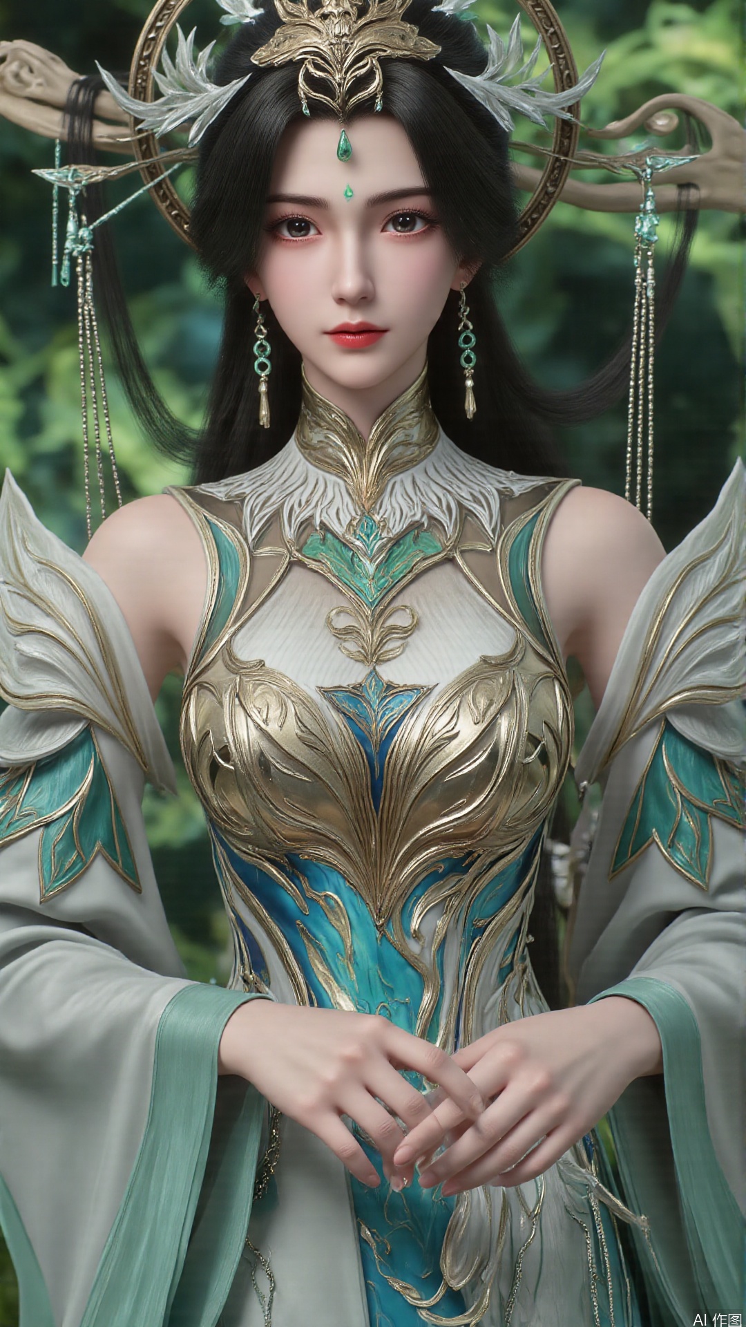 masterpiece,best quality,1girl, black hair, solo, dress, long hair, jewelry, earrings, forehead mark, facial mark, hair ornament, looking at viewer, chinese clothes, hair rings, hagoromo, cowboy shot