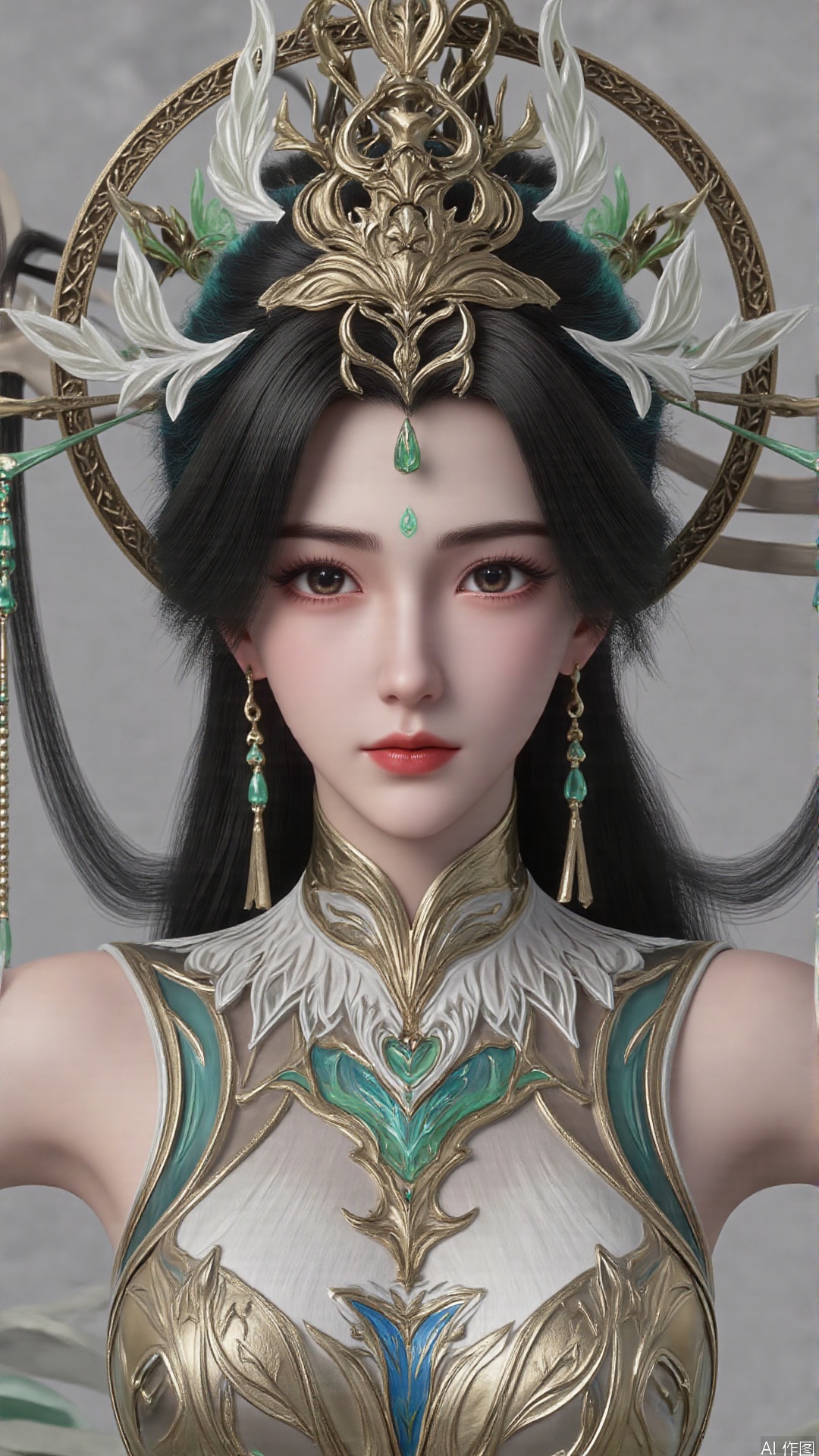 masterpiece,best quality,1girl, black hair, solo, dress, long hair, green dress, jewelry, earrings, forehead mark, facial mark, hair ornament, looking at viewer, chinese clothes, hair rings, hagoromo, cowboy shot