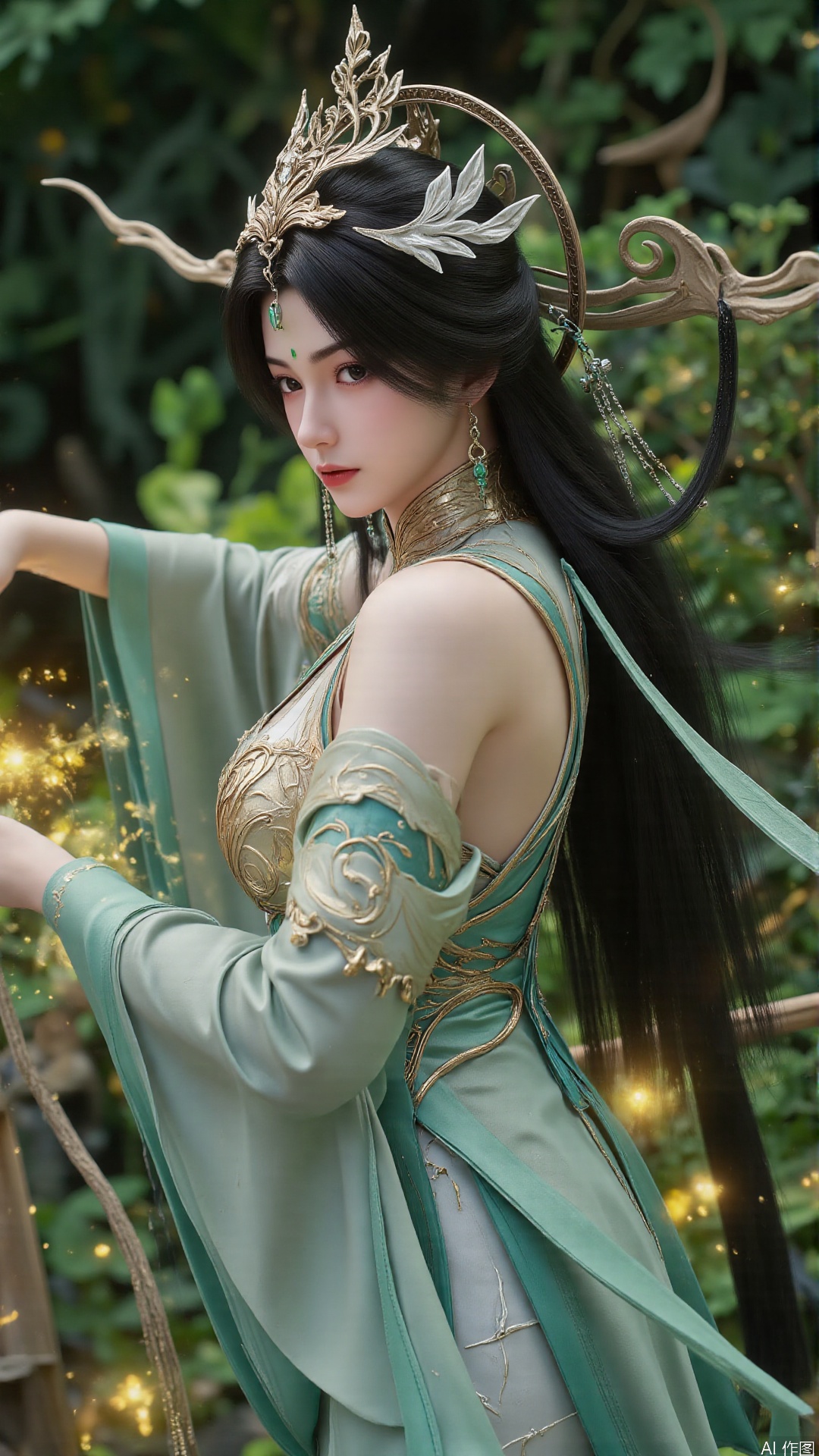 masterpiece,best quality,1girl, black hair, solo, dress, long hair, green dress, full body, jewelry, earrings, forehead mark, facial mark, hair ornament, looking at viewer, chinese clothes, hair rings, hagoromo, cowboy shot, dynamic pose, dynamic angle,