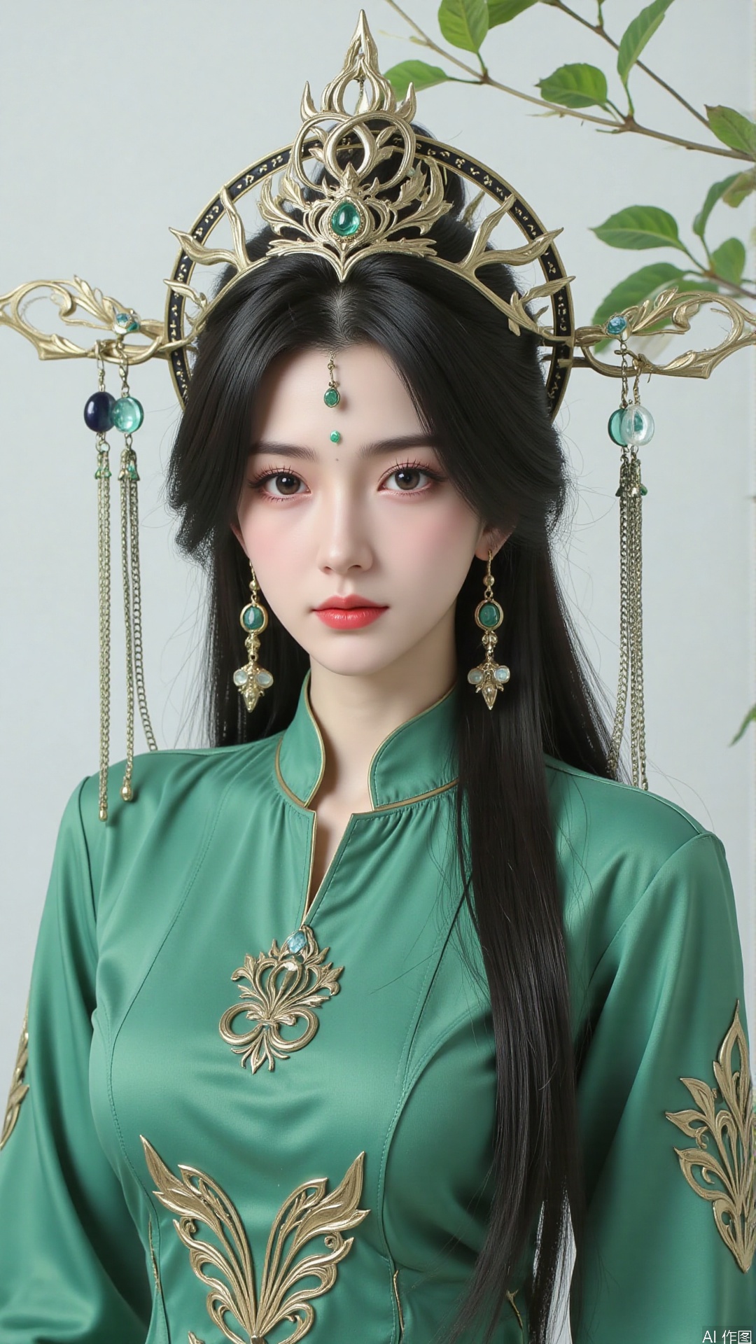 masterpiece,best quality,1girl, black hair, solo, dress, long hair, green dress, jewelry, earrings, forehead mark, facial mark, hair ornament, looking at viewer, chinese clothes, hair rings, hagoromo, cowboy shot