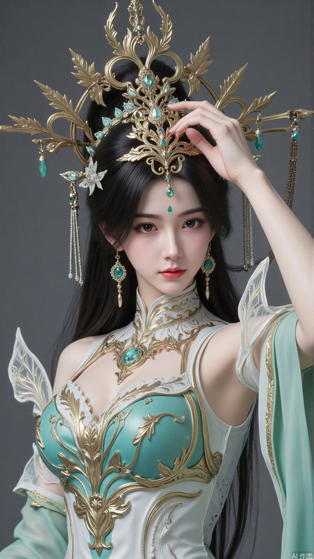 masterpiece,best quality,1girl, black hair, solo, dress, long hair, jewelry, earrings, forehead mark, facial mark, hair ornament, looking at viewer, chinese clothes, hair rings, hagoromo, cowboy shot