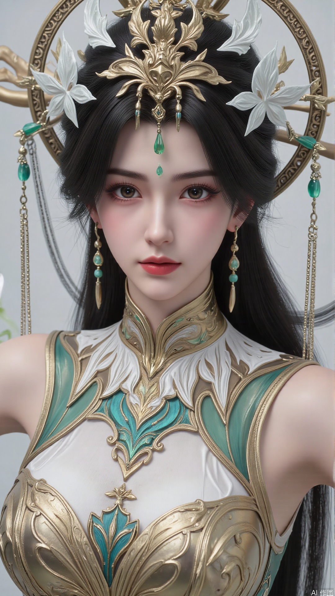 masterpiece,best quality,1girl, black hair, solo, dress, long hair, jewelry, earrings, forehead mark, facial mark, hair ornament, looking at viewer, chinese clothes, hair rings, hagoromo, cowboy shot