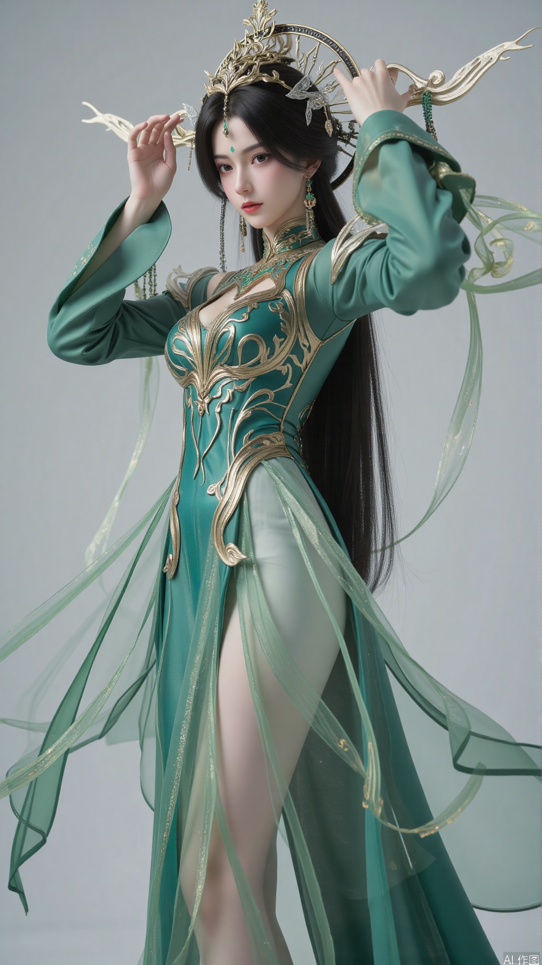 masterpiece,best quality,1girl, black hair, solo, dress, long hair, green dress, full body, jewelry, earrings, forehead mark, facial mark, hair ornament, looking at viewer, chinese clothes, hair rings, hagoromo, cowboy shot, dynamic pose, dynamic angle,