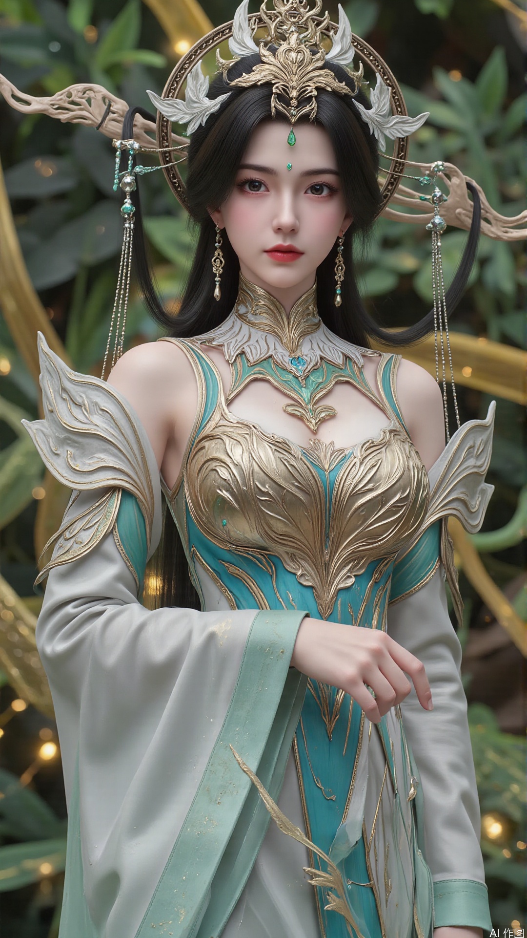 masterpiece,best quality,1girl, black hair, solo, dress, long hair, jewelry, earrings, forehead mark, facial mark, hair ornament, looking at viewer, chinese clothes, hair rings, cowboy shot