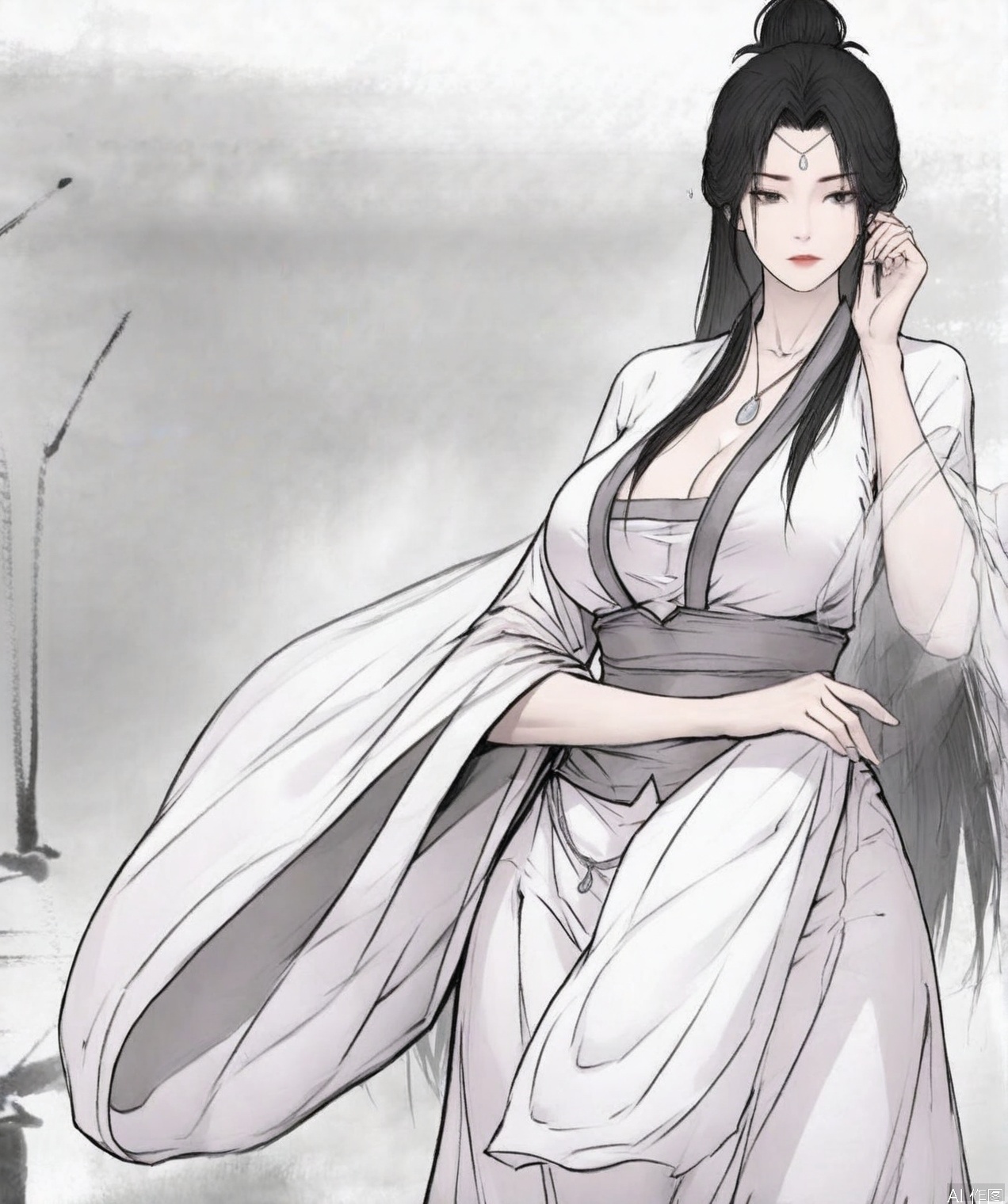 ((very awa)),solo,highly detailed,(best quality),((masterpiece)),1girl,hanfu,simple background,peiyuhan,long hair,breasts,black hair,jewelry,necklace,daojian
