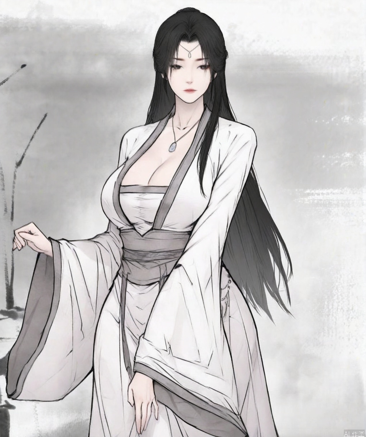 ((very awa)),solo,highly detailed,(best quality),((masterpiece)),1girl,hanfu,simple background,peiyuhan,long hair,breasts,black hair,jewelry,necklace,daojian