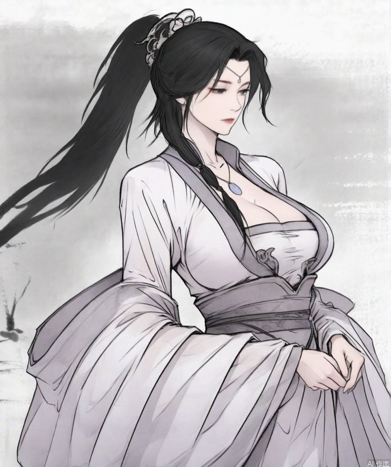 ((very awa)),solo,highly detailed,(best quality),((masterpiece)),1girl,hanfu,simple background,peiyuhan,long hair,breasts,black hair,jewelry,necklace,daojian