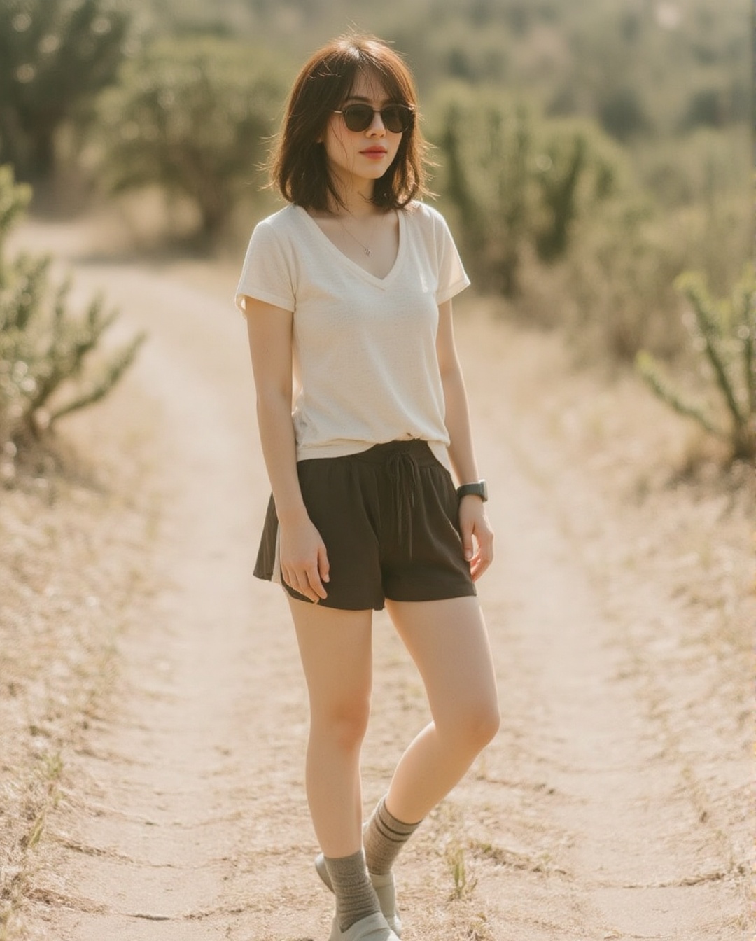 Create a realistic photoshoot using a Canon EOS 1D camera with a 50mm Canon RF lens set at f/1.4 aperture. Capture a woman...