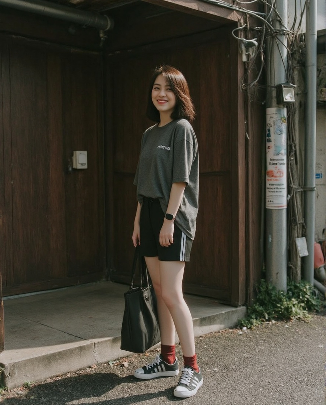 Create a realistic photoshoot for a woman styled in a dark grey oversized short sleeve t-shirt,  black shorts,  red maroon...