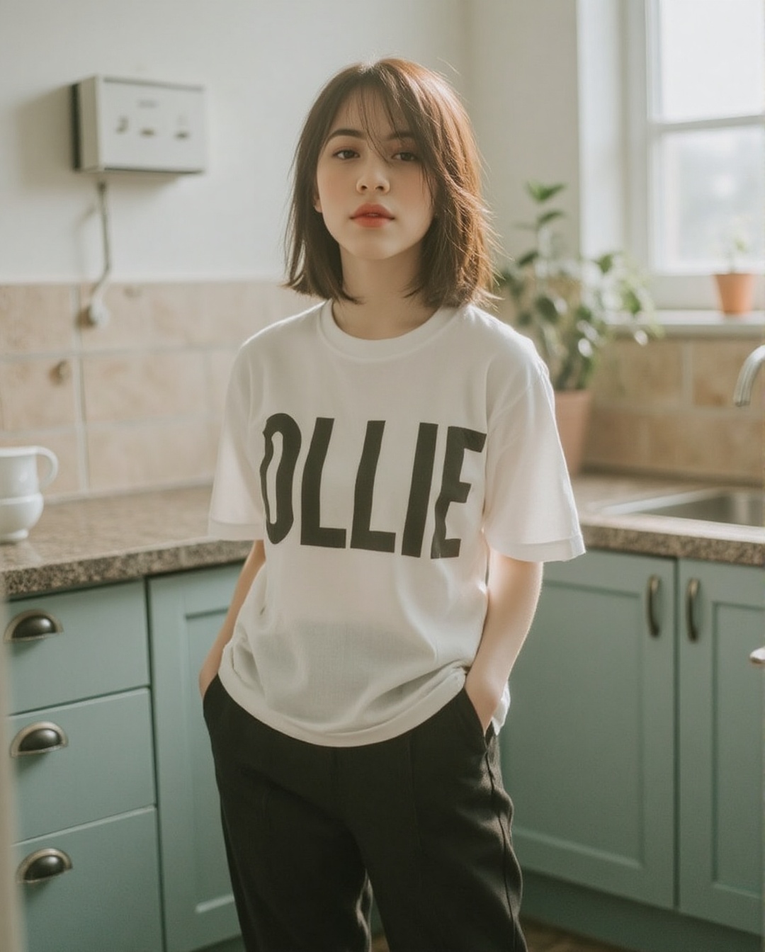 Create a realistic photoshoot scene using a Canon EOS 1D camera with a 50mm Canon RF lens set at f/1.4 aperture. Capture a...