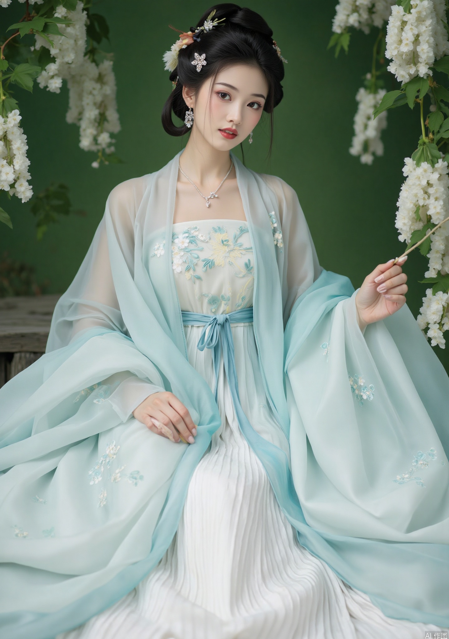 The image depicts a woman dressed in traditional East Asian attire, specifically a flowing, elegant gown with intricate embroidery. The gown is primarily light blue with floral patterns and a soft, translucent quality. She is adorned with delicate jewelry, including a necklace and earrings, and her hair is styled in an elaborate updo, embellished with flowers and decorative pins. The background features lush green foliage and cascading white blossoms, creating a serene and picturesque setting. The overall composition exudes a sense of grace and timeless beauty.


