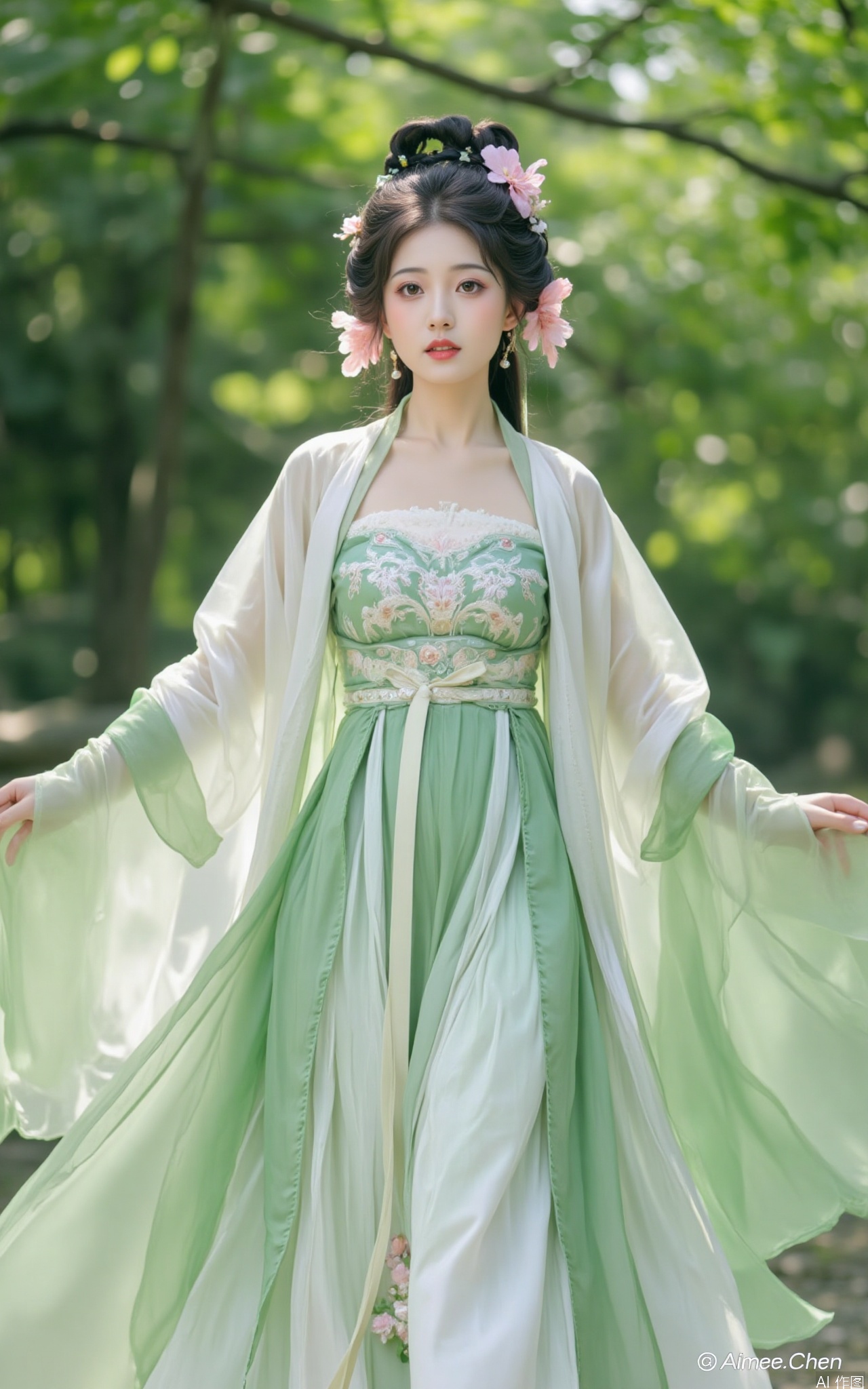 The image shows a person dressed in traditional attire, specifically a green and white hanfu. The outfit features intricate embroidery and flowing fabric, with a layered design that includes a fitted bodice and a voluminous skirt. The person is adorned with floral accessories in pink and white, complementing the hanfu. The background consists of lush greenery, suggesting an outdoor setting, possibly a garden or park. The lighting is soft and natural, enhancing the serene atmosphere. The text in the bottom right corner reads "©Aimee.Chen" and "Aimee.Chen" in English.

