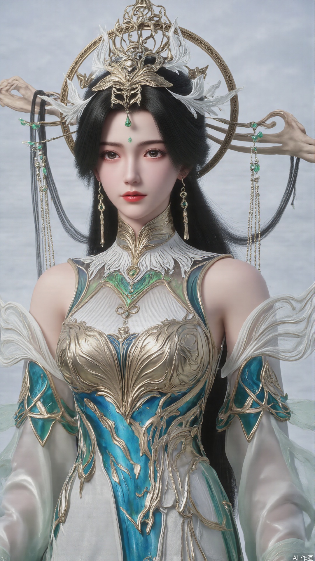 Realistic details, long hair flowing gracefully, exquisitely crafted hair accessories, headdress, holy radiance, nebulae flowing, willow branches stretching, surrounding, dreamy light and shadow effects