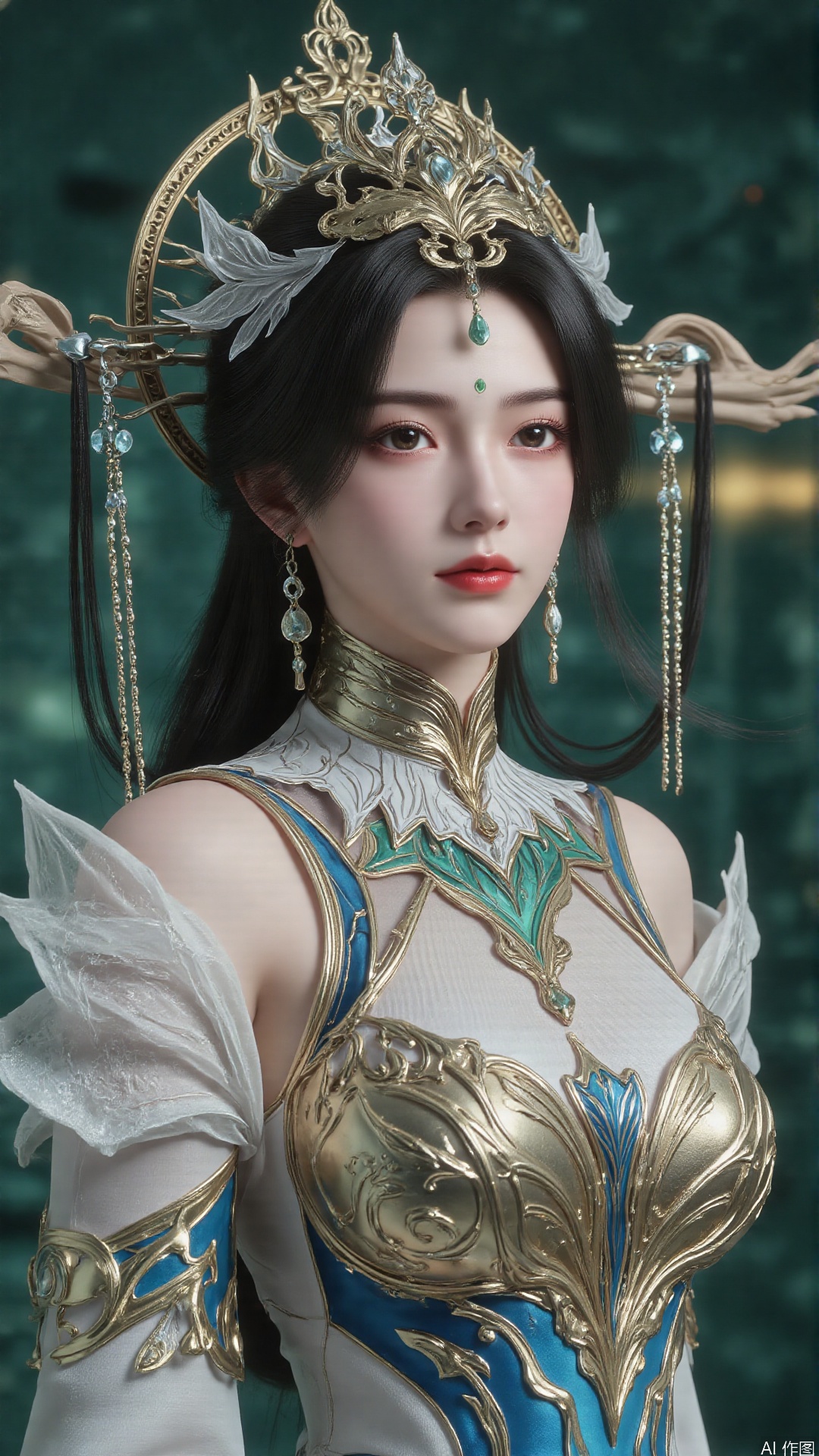 masterpiece,best quality,1girl, black hair, solo, dress, long hair, jewelry, earrings, forehead mark, facial mark, hair ornament, looking at viewer, chinese clothes, hair rings, cowboy shot