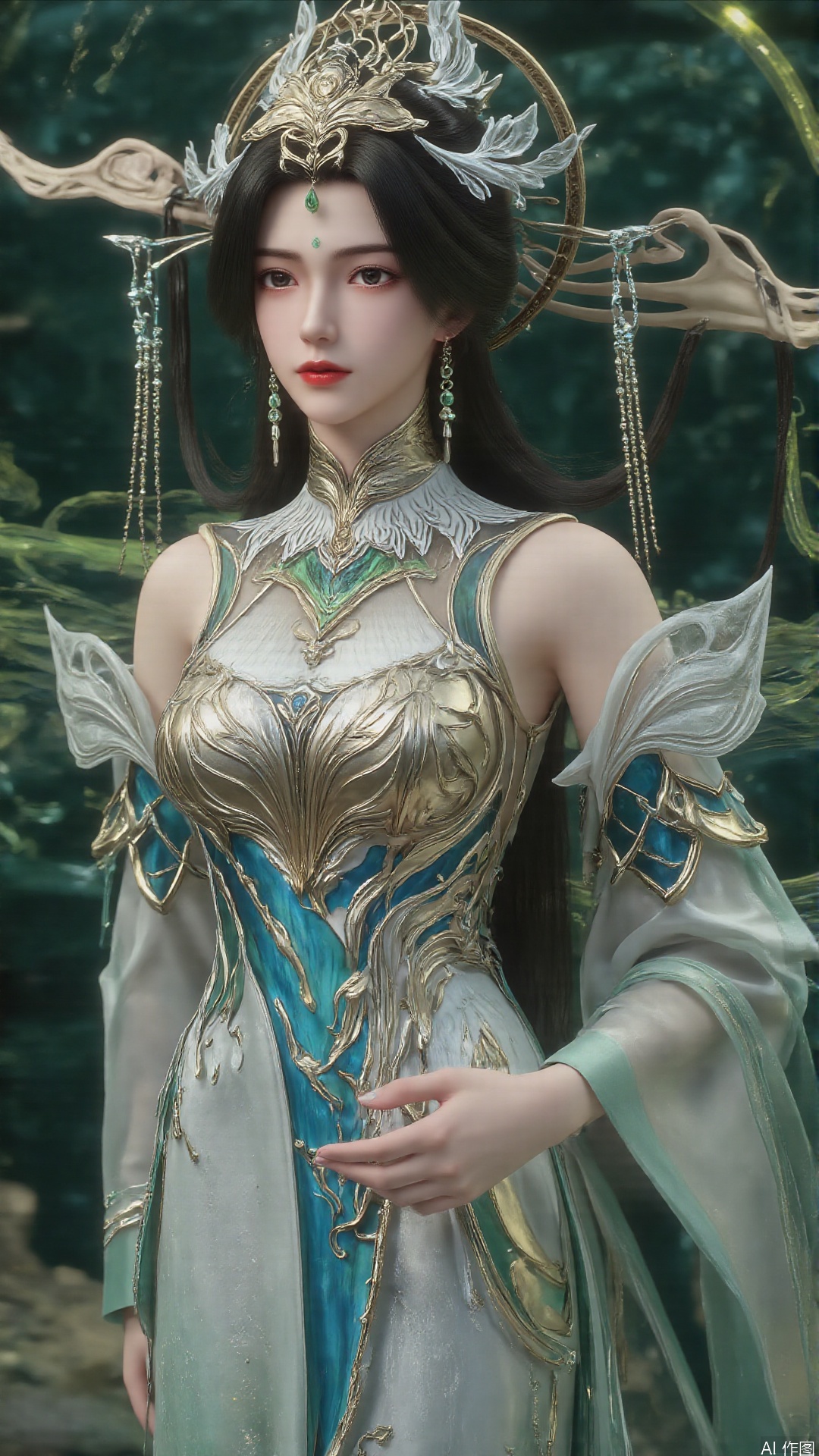 Realistic details, long hair flowing gracefully, exquisitely crafted hair accessories, headdress, holy radiance, nebulae flowing, willow branches stretching, surrounding, dreamy light and shadow effects