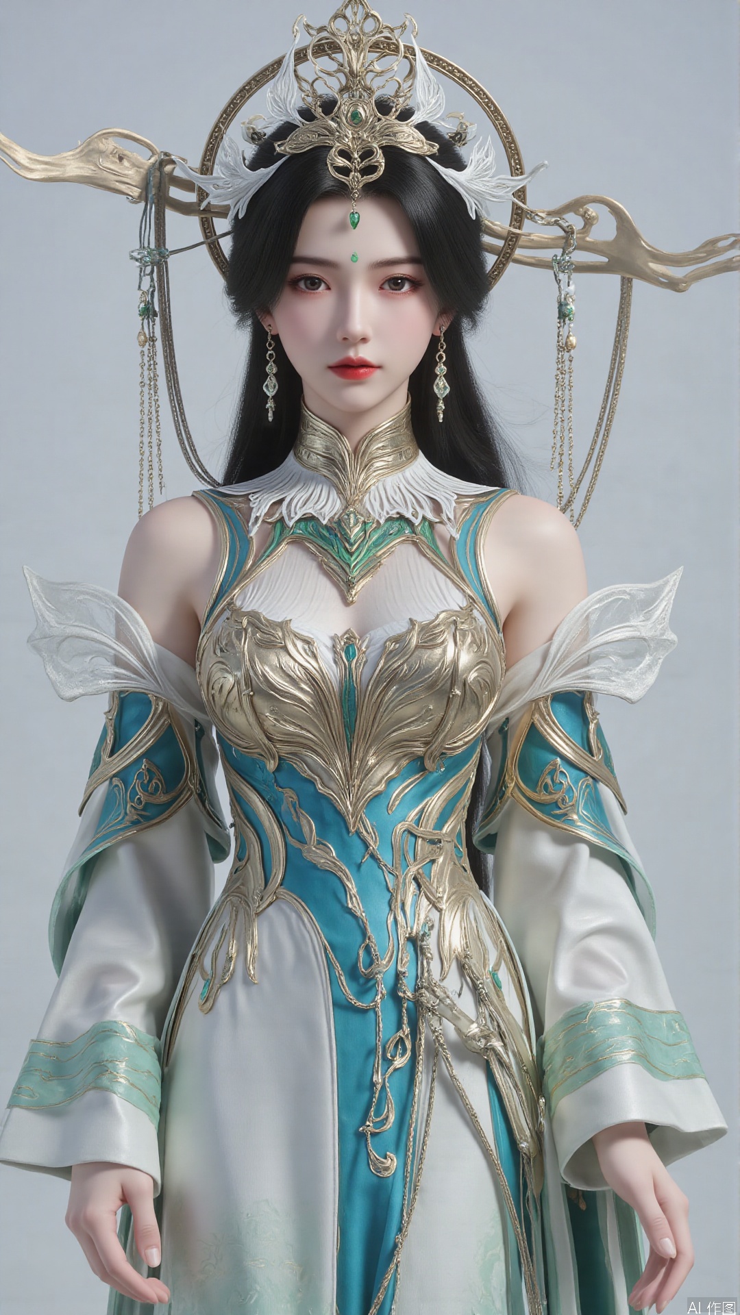 Realistic details, long hair flowing gracefully, exquisitely crafted hair accessories, headdress, holy radiance, nebulae flowing, willow branches stretching, surrounding, dreamy light and shadow effects