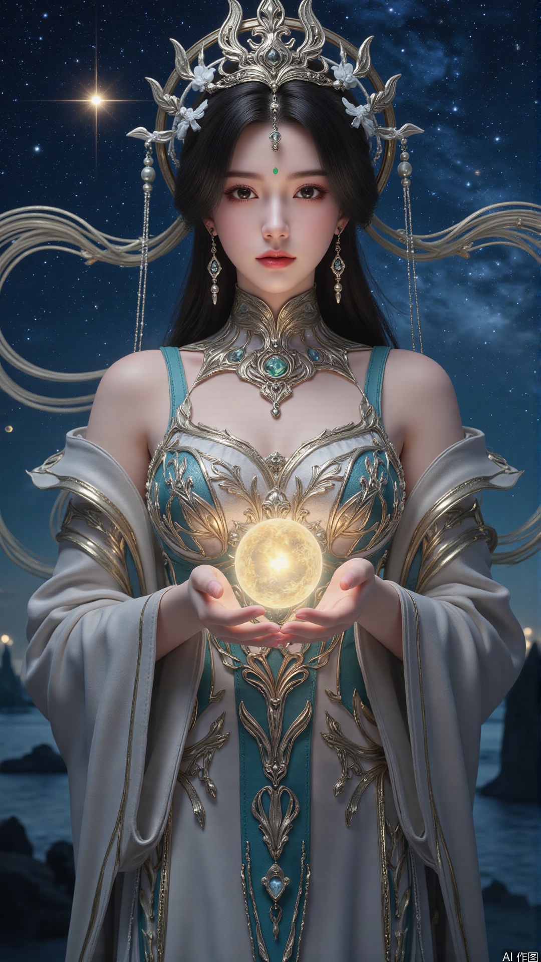 Realistic details, Perfect World, long hair flowing gracefully, exquisitely crafted hair accessories, headdress, holy radiance, starry sky background, nebulae flowing, stars twinkling, willow branches stretching, both hands holding a planet, details on the planet's surface, textures of mountains, rivers and oceans, planets surrounding, planets of various sizes, traces of planetary orbits, dreamy light and shadow effects