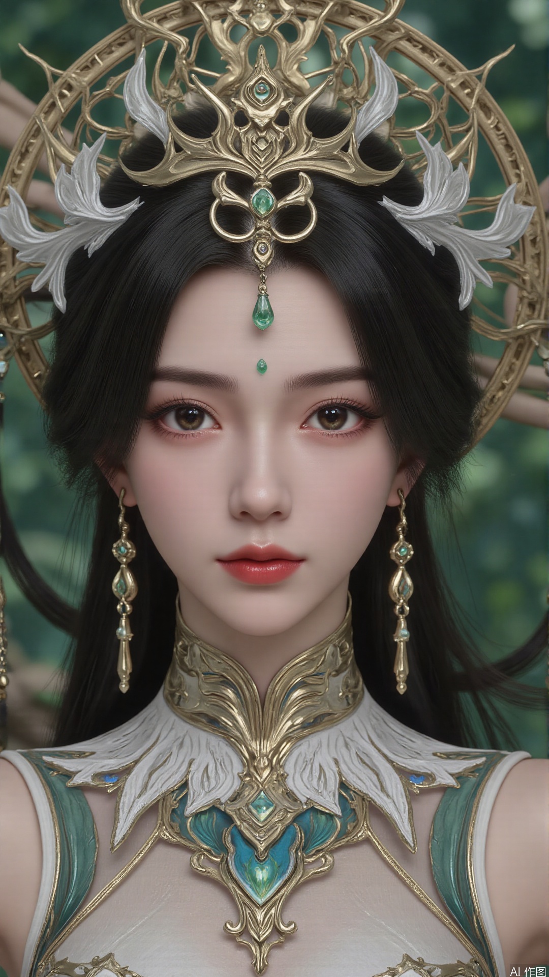 masterpiece,best quality,1girl, black hair, solo, dress, long hair, jewelry, earrings, forehead mark, facial mark, hair ornament, looking at viewer, chinese clothes, hair rings, cowboy shot