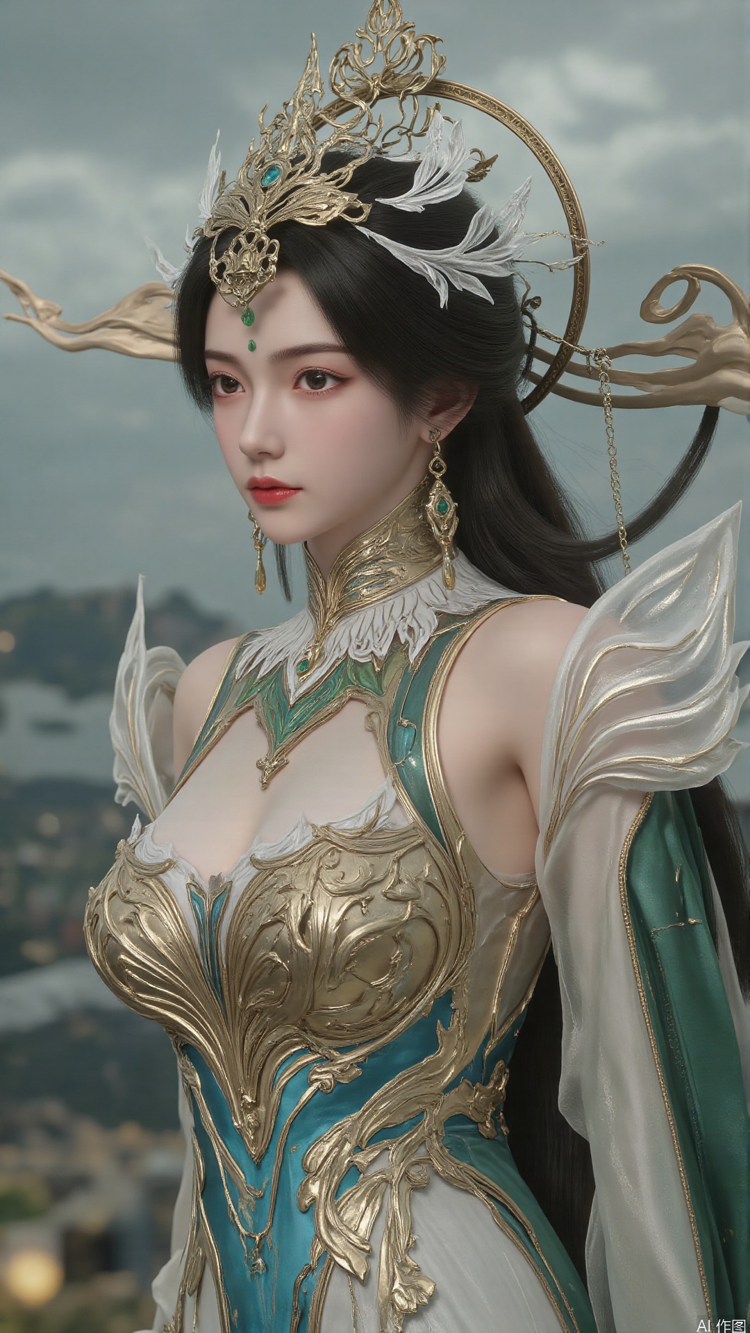 Realistic details, long hair flowing gracefully, exquisitely crafted hair accessories, headdress, holy radiance, nebulae flowing, willow branches stretching, surrounding, dreamy light and shadow effects