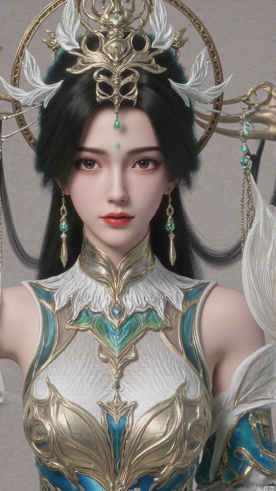 masterpiece,best quality,1girl, black hair, solo, dress, long hair, jewelry, earrings, forehead mark, facial mark, hair ornament, looking at viewer, chinese clothes, hair rings, cowboy shot