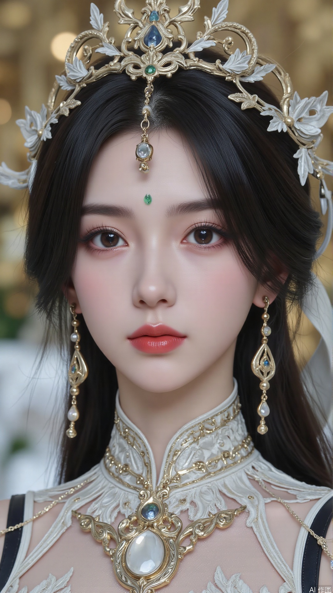 masterpiece,best quality,1girl, black hair, solo, dress, long hair, jewelry, earrings, forehead mark, facial mark, hair ornament, looking at viewer, chinese clothes, hair rings, cowboy shot