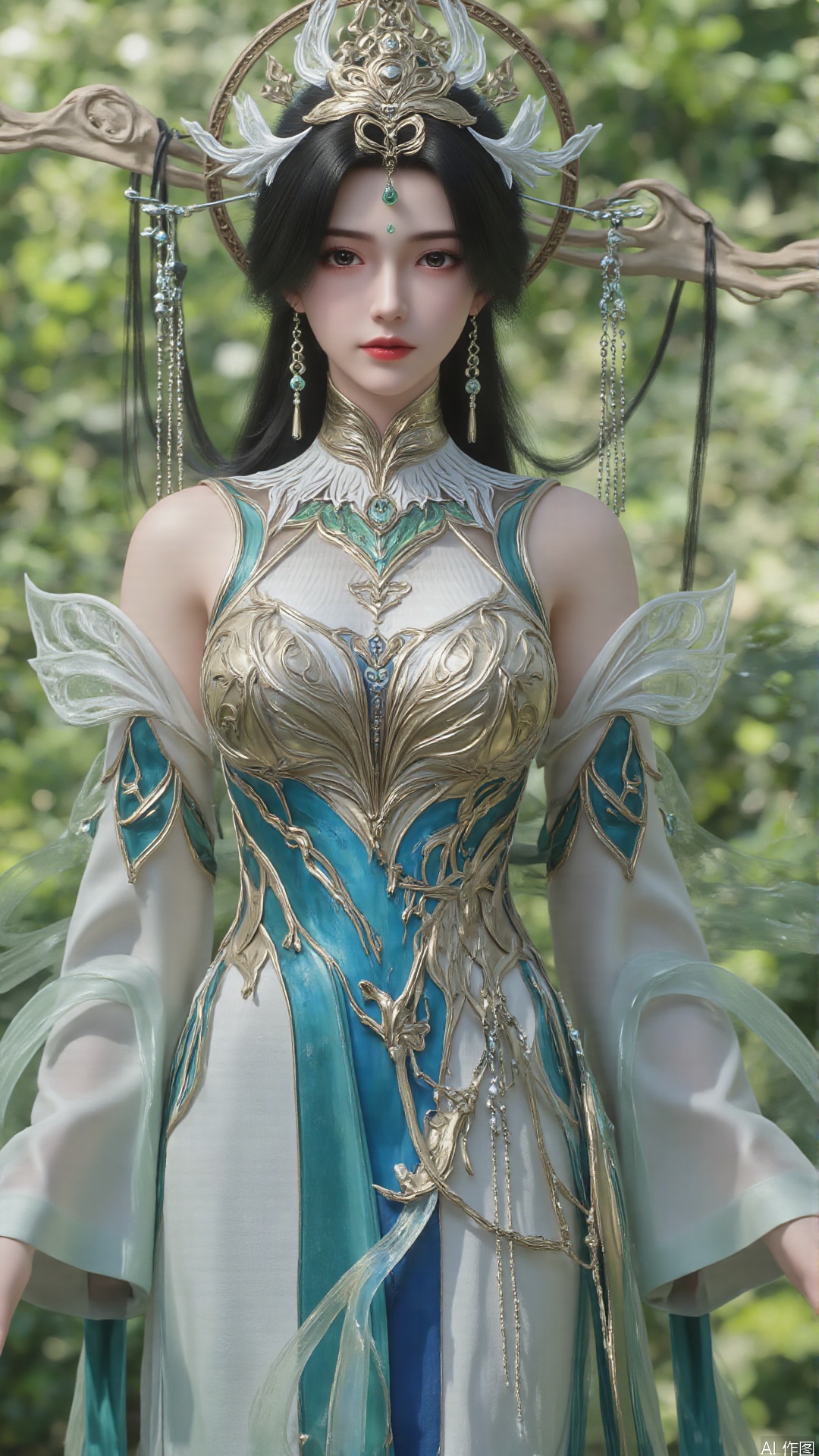 masterpiece,best quality,1girl, black hair, solo, dress, long hair, jewelry, earrings, forehead mark, facial mark, hair ornament, looking at viewer, chinese clothes, hair rings, cowboy shot