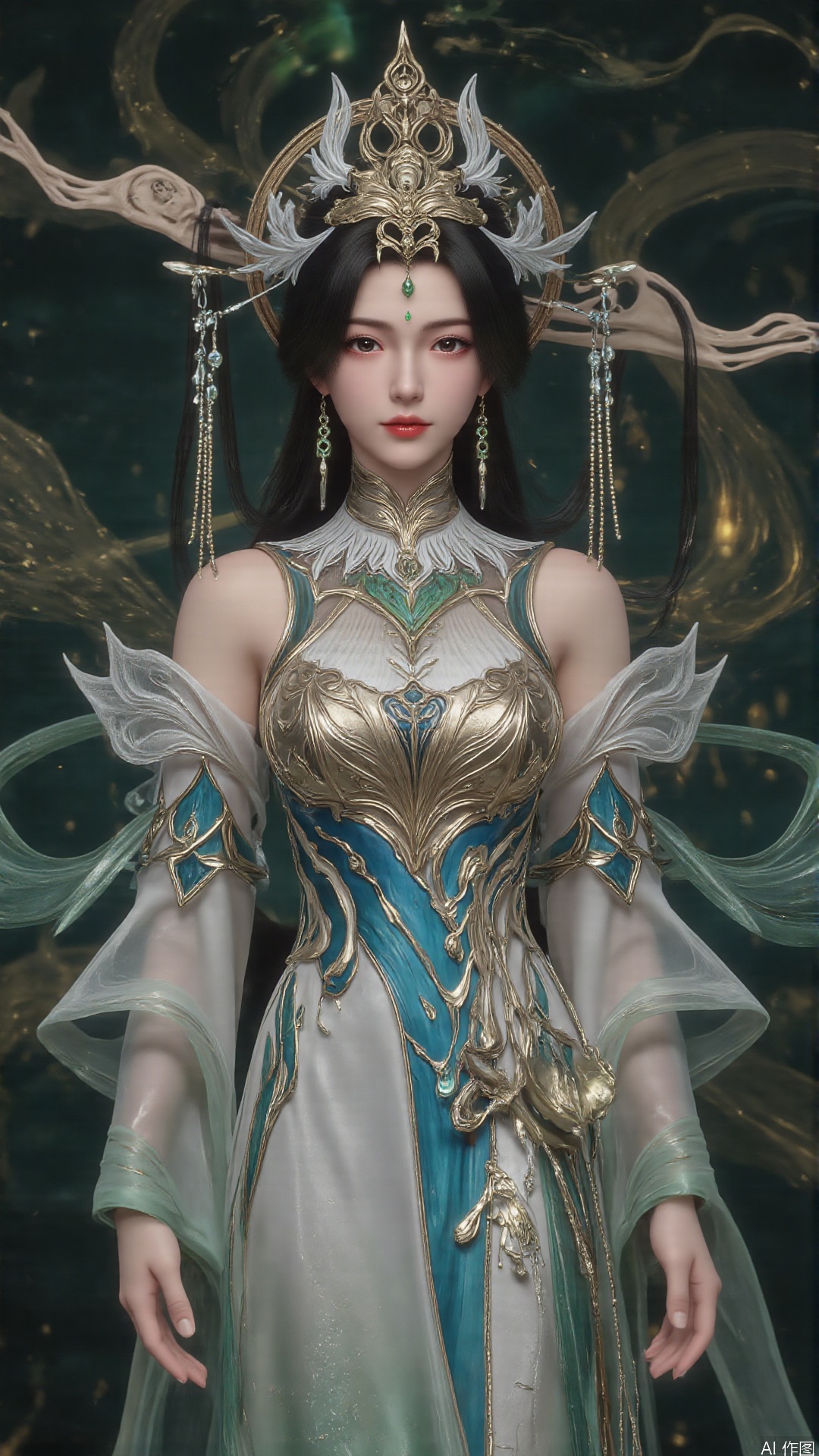 masterpiece,best quality,1girl, black hair, solo, dress, long hair, jewelry, earrings, forehead mark, facial mark, hair ornament, looking at viewer, chinese clothes, hair rings, cowboy shot