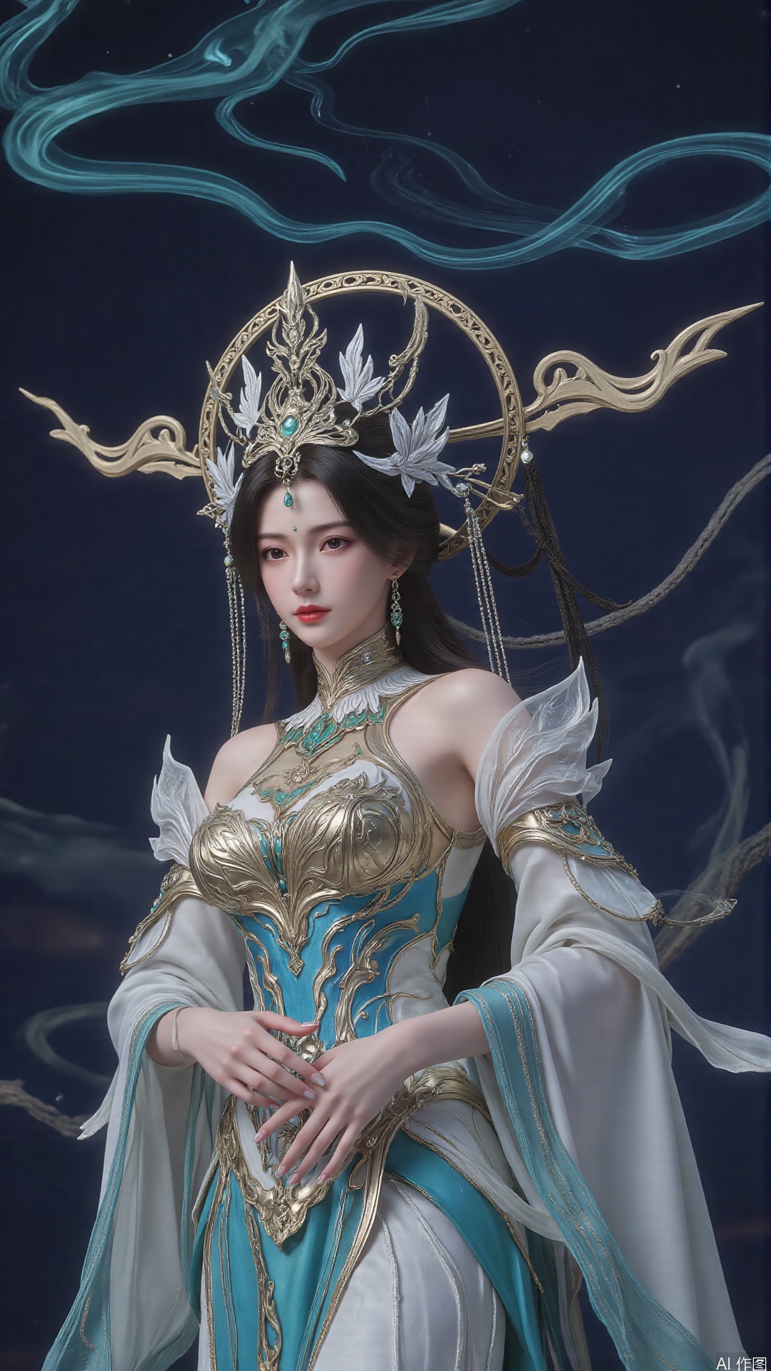Realistic details, Perfect World, long hair flowing gracefully, exquisitely crafted hair accessories, headdress, holy radiance, starry sky background, nebulae flowing, stars twinkling, willow branches stretching, both hands holding a planet, details on the planet's surface, textures of mountains, rivers and oceans, planets surrounding, planets of various sizes, traces of planetary orbits, dreamy light and shadow effects