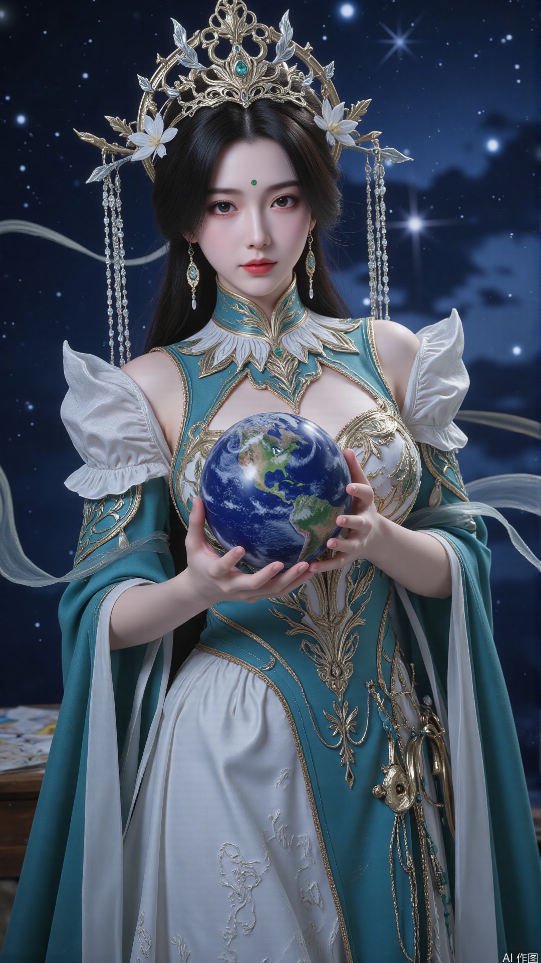 Realistic details, Perfect World, long hair flowing gracefully, exquisitely crafted hair accessories, headdress, holy radiance, starry sky background, nebulae flowing, stars twinkling, willow branches stretching, both hands holding a planet, details on the planet's surface, textures of mountains, rivers and oceans, planets surrounding, planets of various sizes, traces of planetary orbits, dreamy light and shadow effects