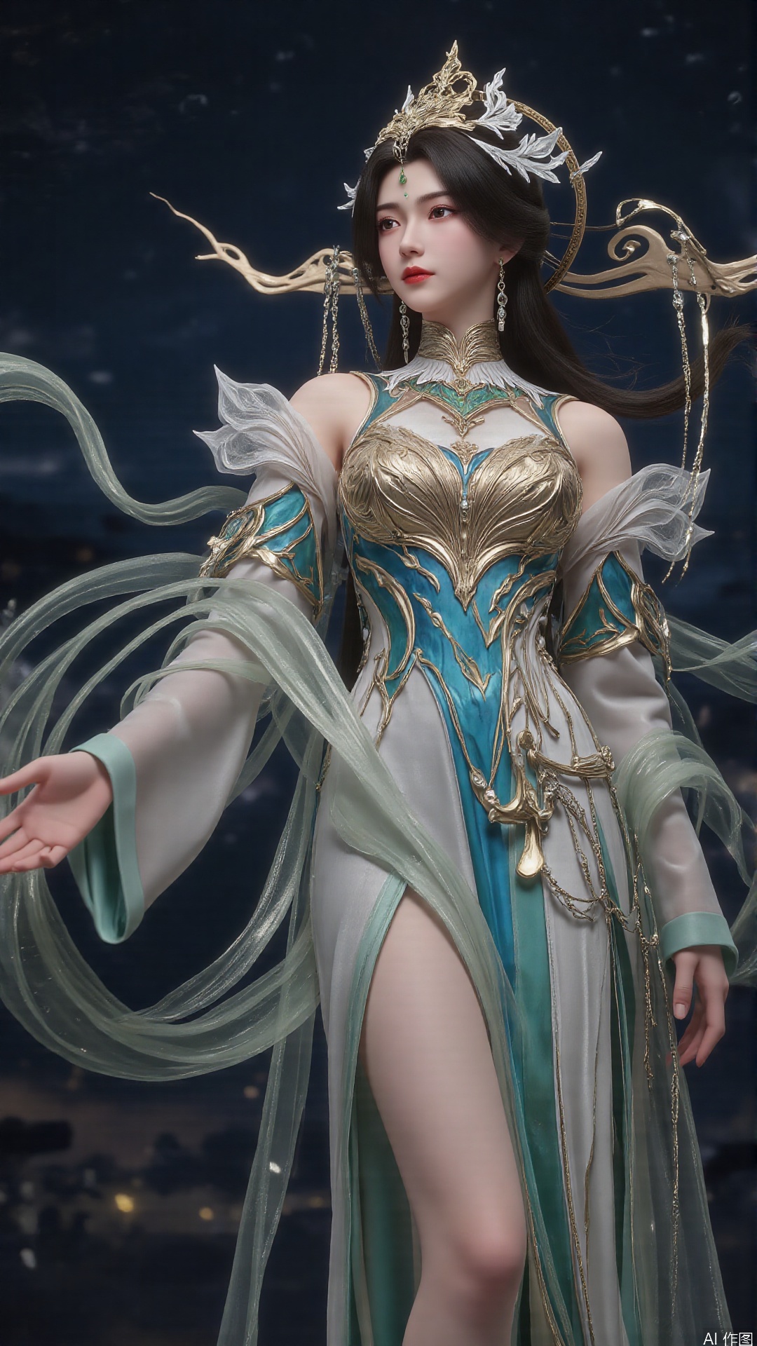 Realistic details, Perfect World, long hair flowing gracefully, exquisitely crafted hair accessories, headdress, holy radiance, starry sky background, nebulae flowing, stars twinkling, willow branches stretching, both hands holding a planet, details on the planet's surface, textures of mountains, rivers and oceans, planets surrounding, planets of various sizes, traces of planetary orbits, dreamy light and shadow effects
