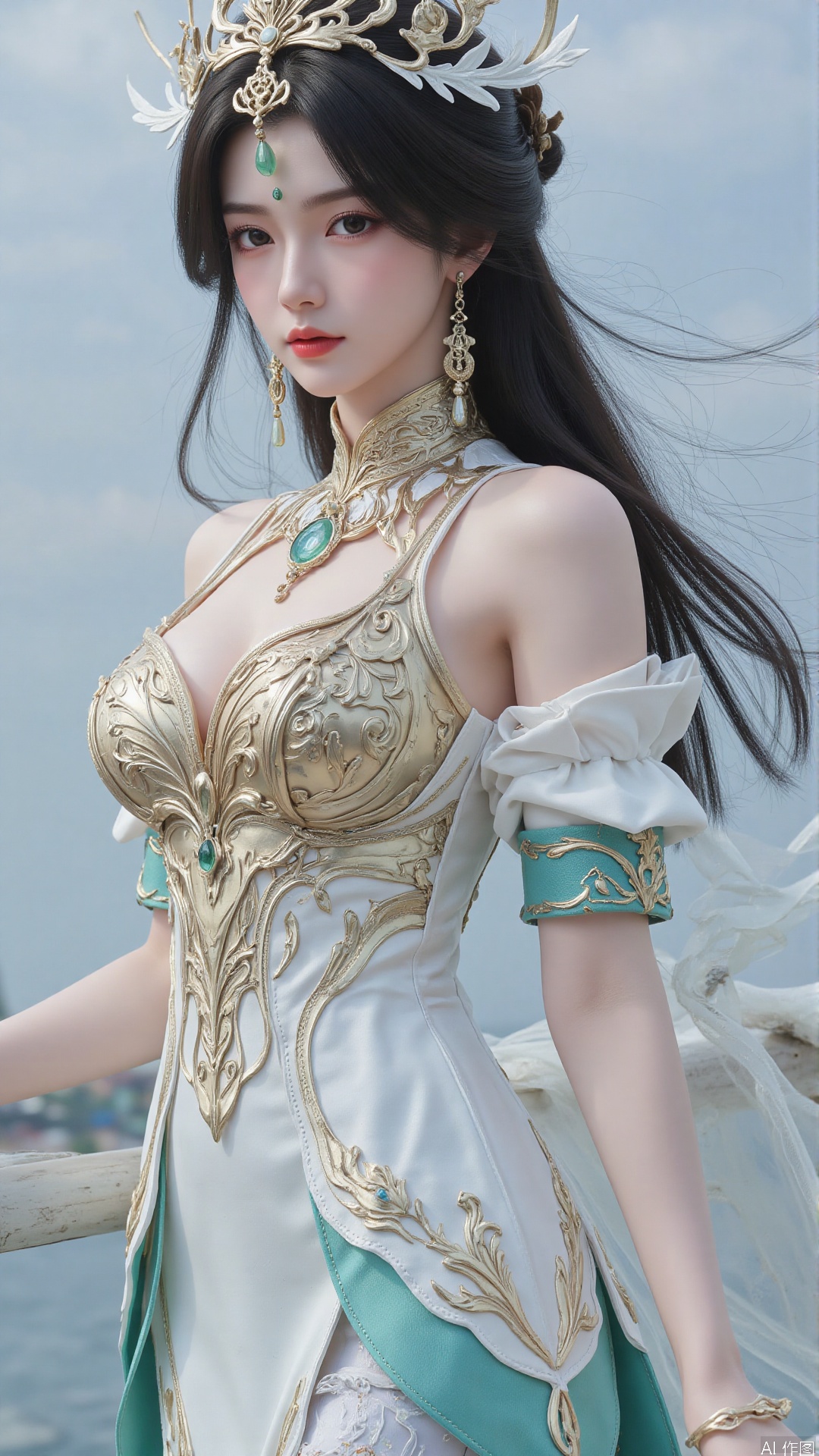 masterpiece,best quality,1girl, black hair, solo, dress, long hair, jewelry, earrings, forehead mark, facial mark, hair ornament, looking at viewer, chinese clothes, hair rings, cowboy shot