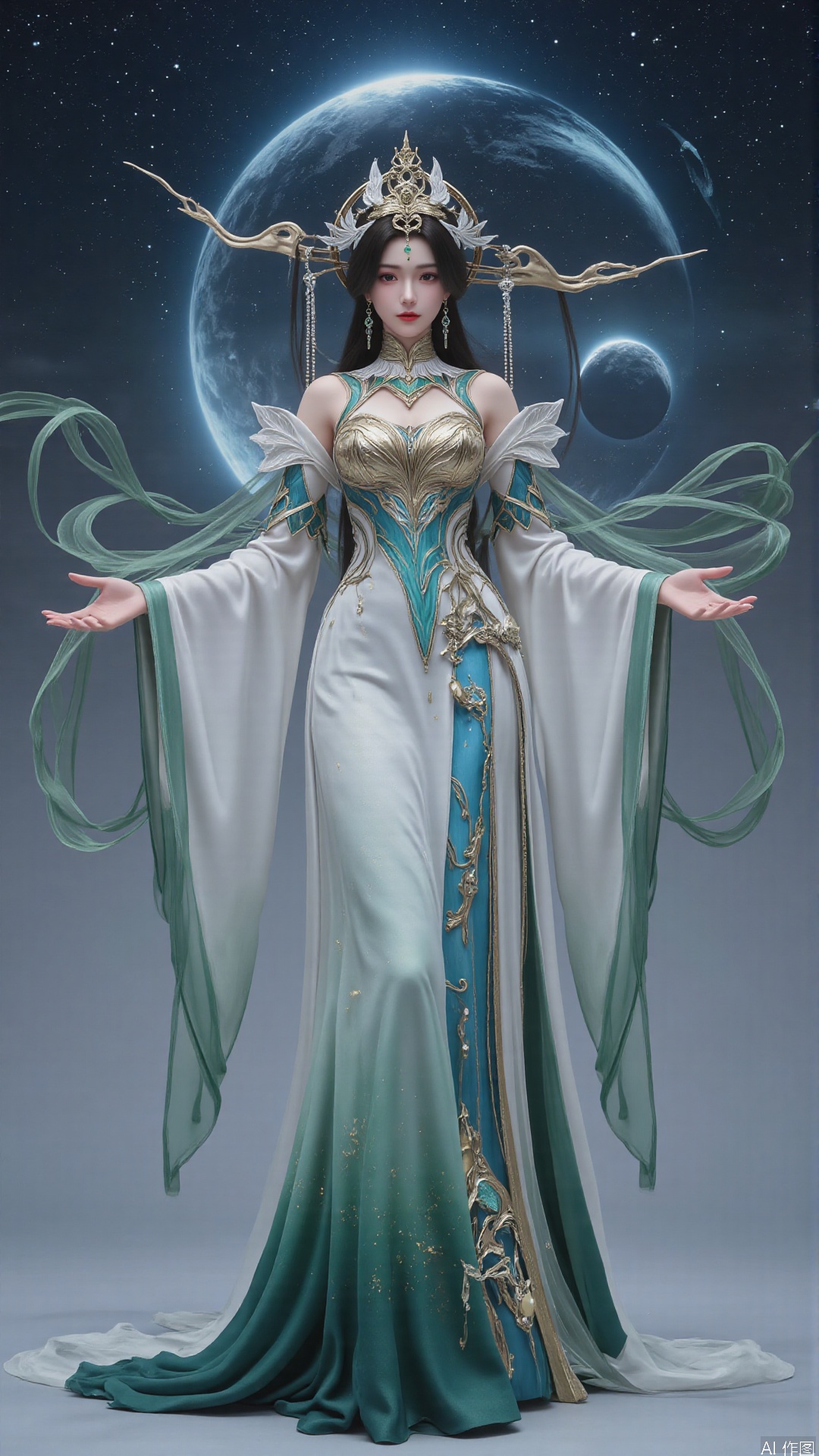 Realistic details, Perfect World, long hair flowing gracefully, exquisitely crafted hair accessories, headdress, holy radiance, starry sky background, nebulae flowing, stars twinkling, willow branches stretching, both hands holding a planet, details on the planet's surface, textures of mountains, rivers and oceans, planets surrounding, planets of various sizes, traces of planetary orbits, dreamy light and shadow effects