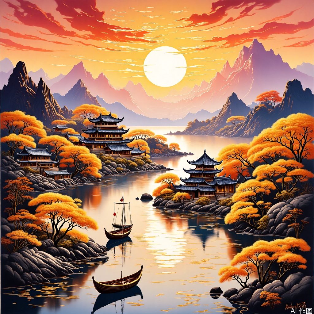 ,Dopamine city,Chinese painting in pink main tone,Colorful crystal process,inset,Gold leaf landscape painting